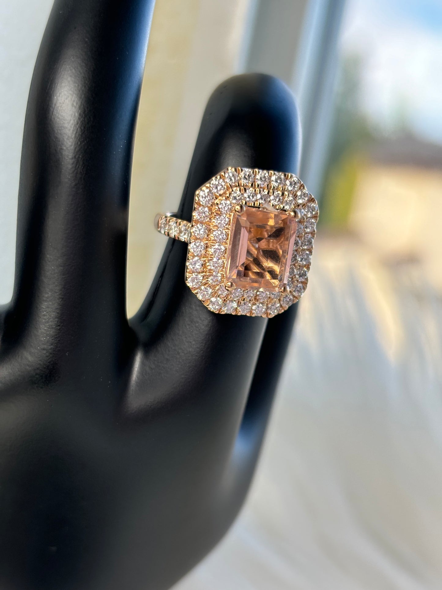 Emerald Cut 4.65 ct Lab Morganite & Diamond Ring Sterling Silver With 14k Rose Gold Overlay Sz 6.75