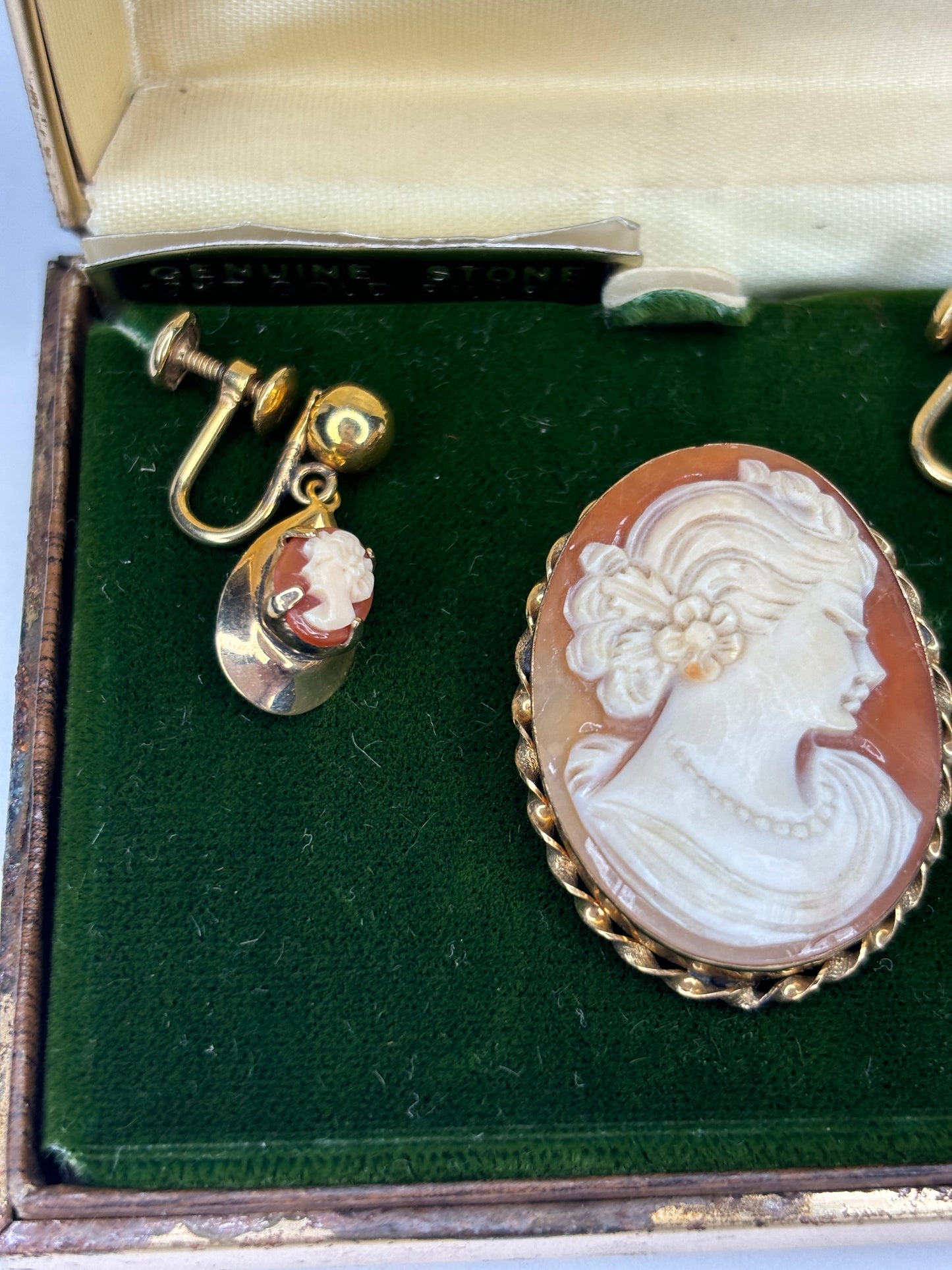 Vintage Tru Kay Genuine Stone & 10k Gold Filled Cameo Brooch and Earrings