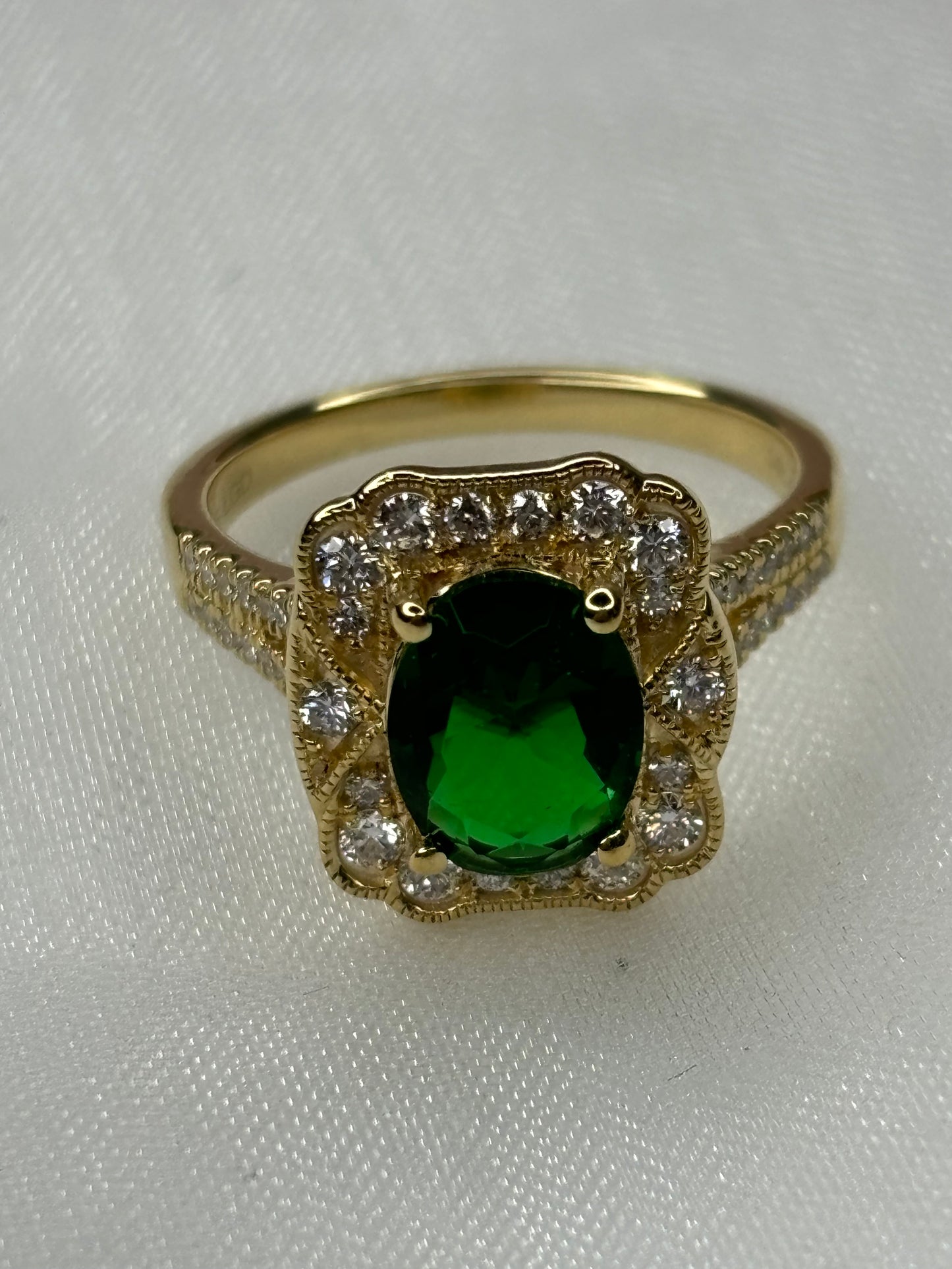 Sterling Silver w/Gold Overlay 2.07 ct Lab Emerald & Diamond Ring Sz 7