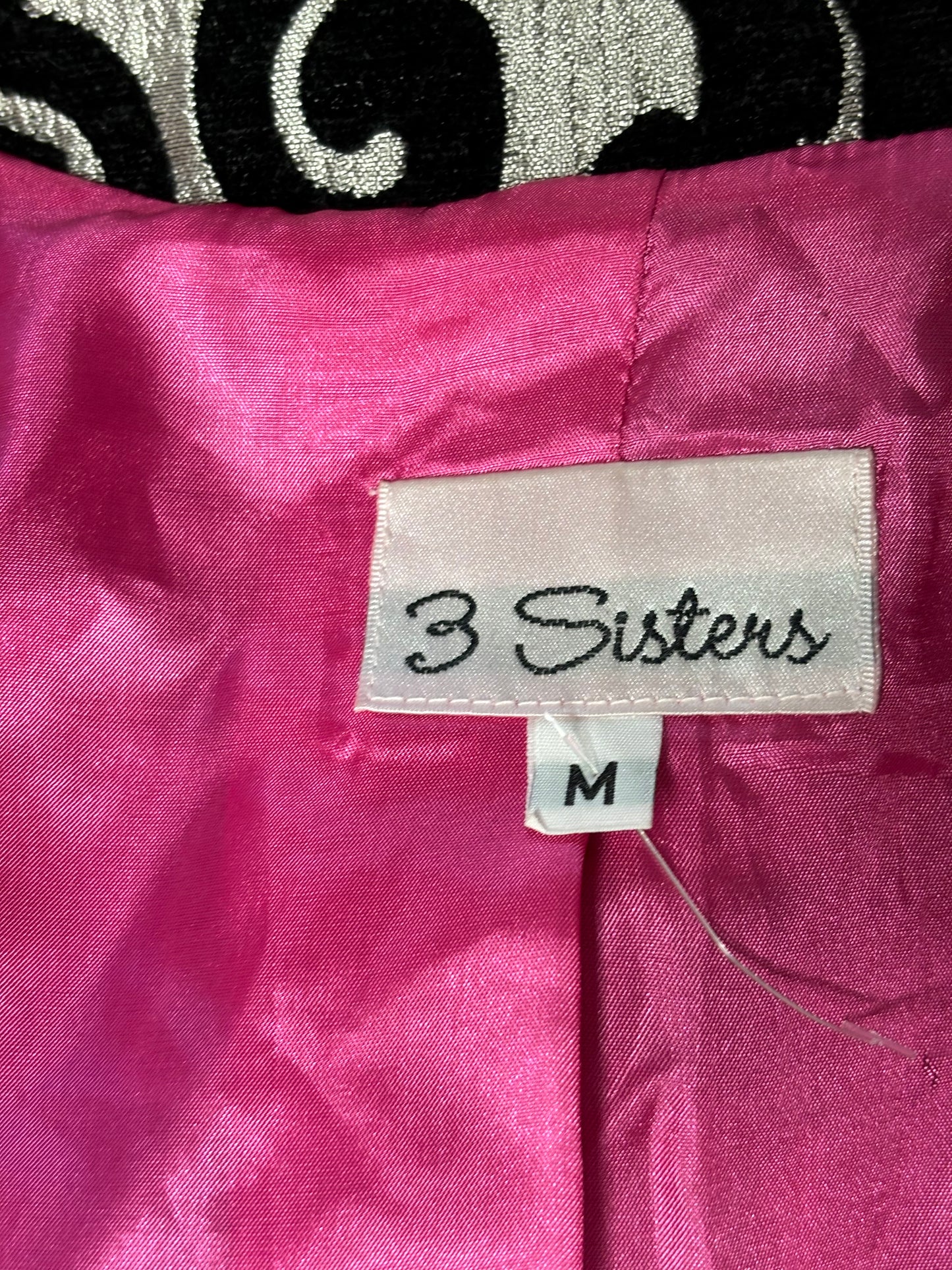 Three Sisters Black & Silver Jacket with Large Statement Pink Button Sz M