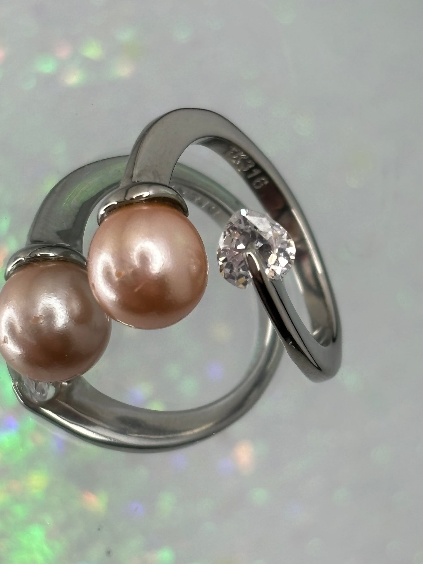 A023 Stainless Steel 0.5ct Topaz and Peach Pearl Ring 5.5