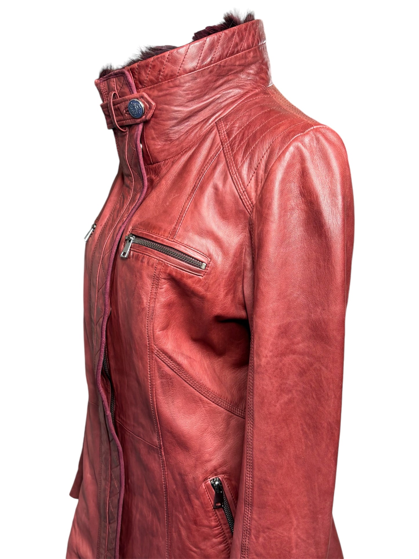 Derimod Red Turkish Leather Jacket with Removable Fur Collar Sz-M/L