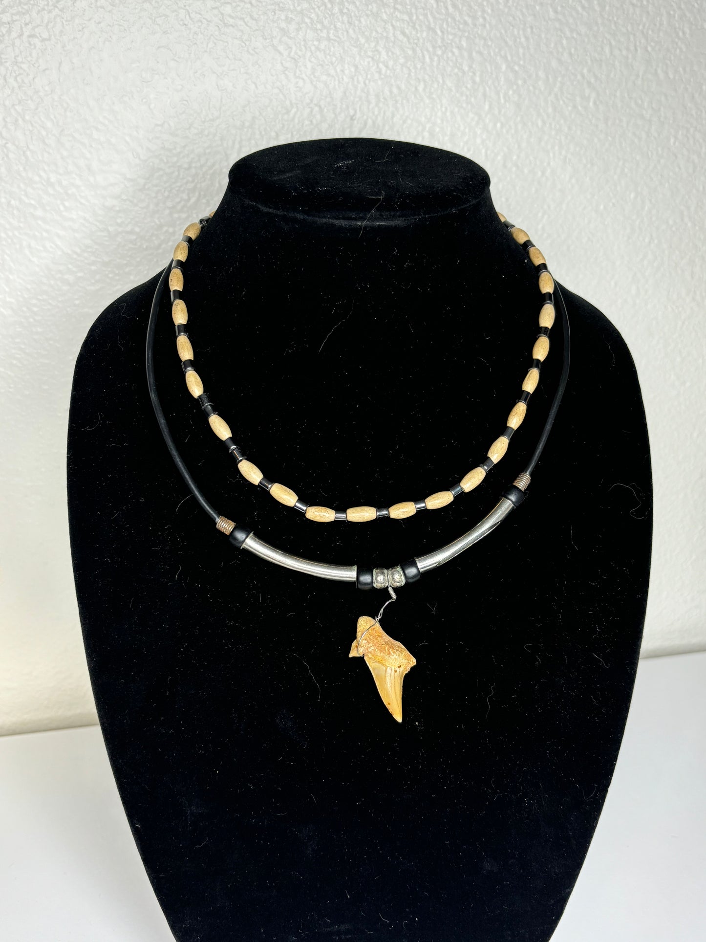 Set of Shark Tooth & Wood Beaded Necklace 16”