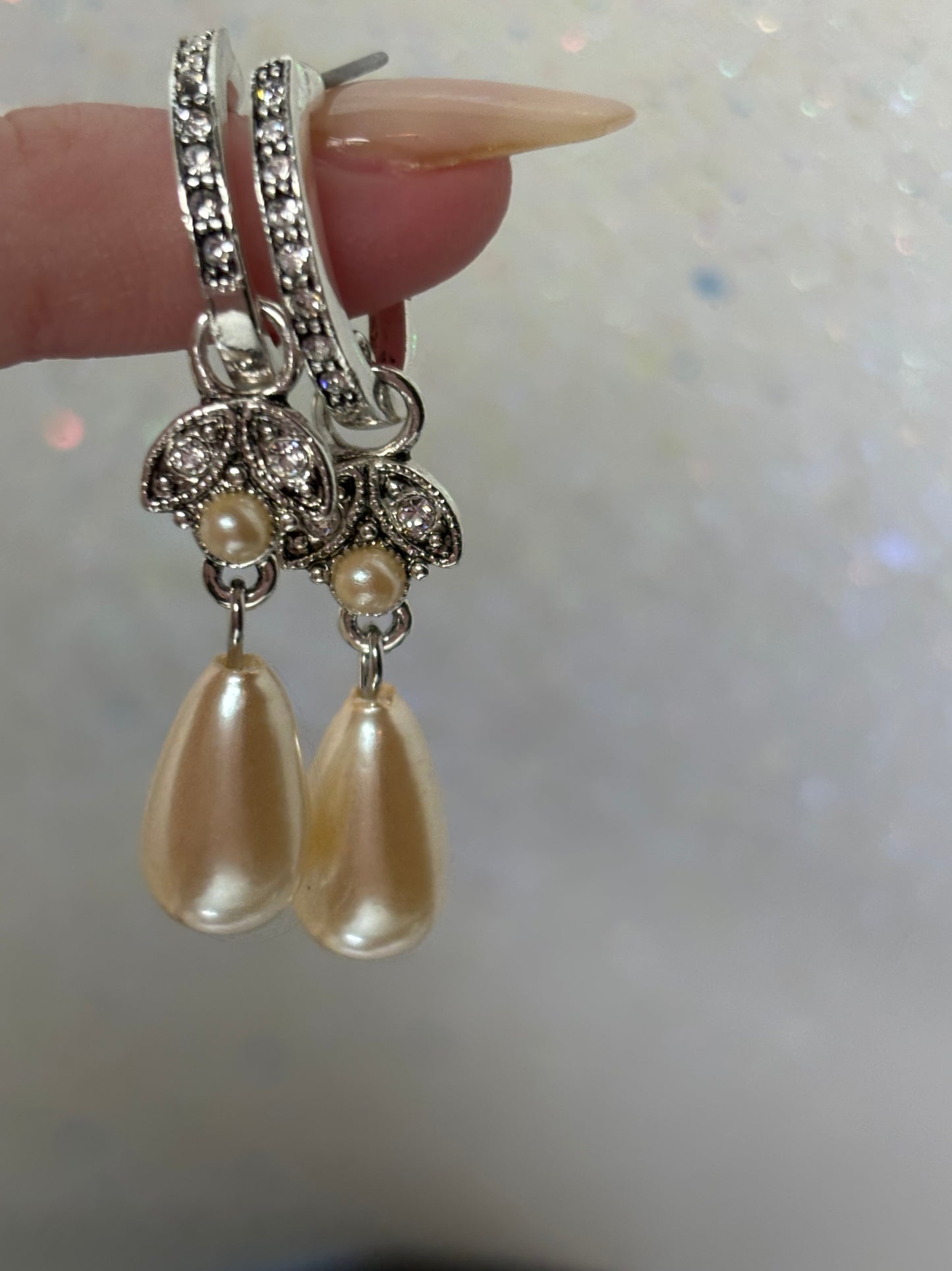 A009 Pearl Drop Silver Toned Earrings 2”