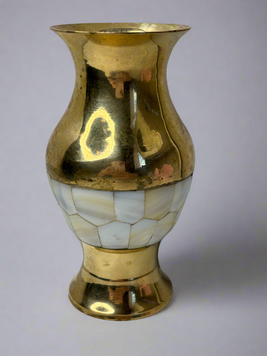 A020 Small Brass and Mother of Pearl Vase 5”