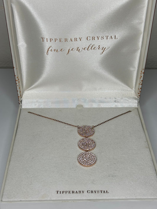 Tipperary Crystal Rose Gold Three Pave Circles Necklace with Original Box