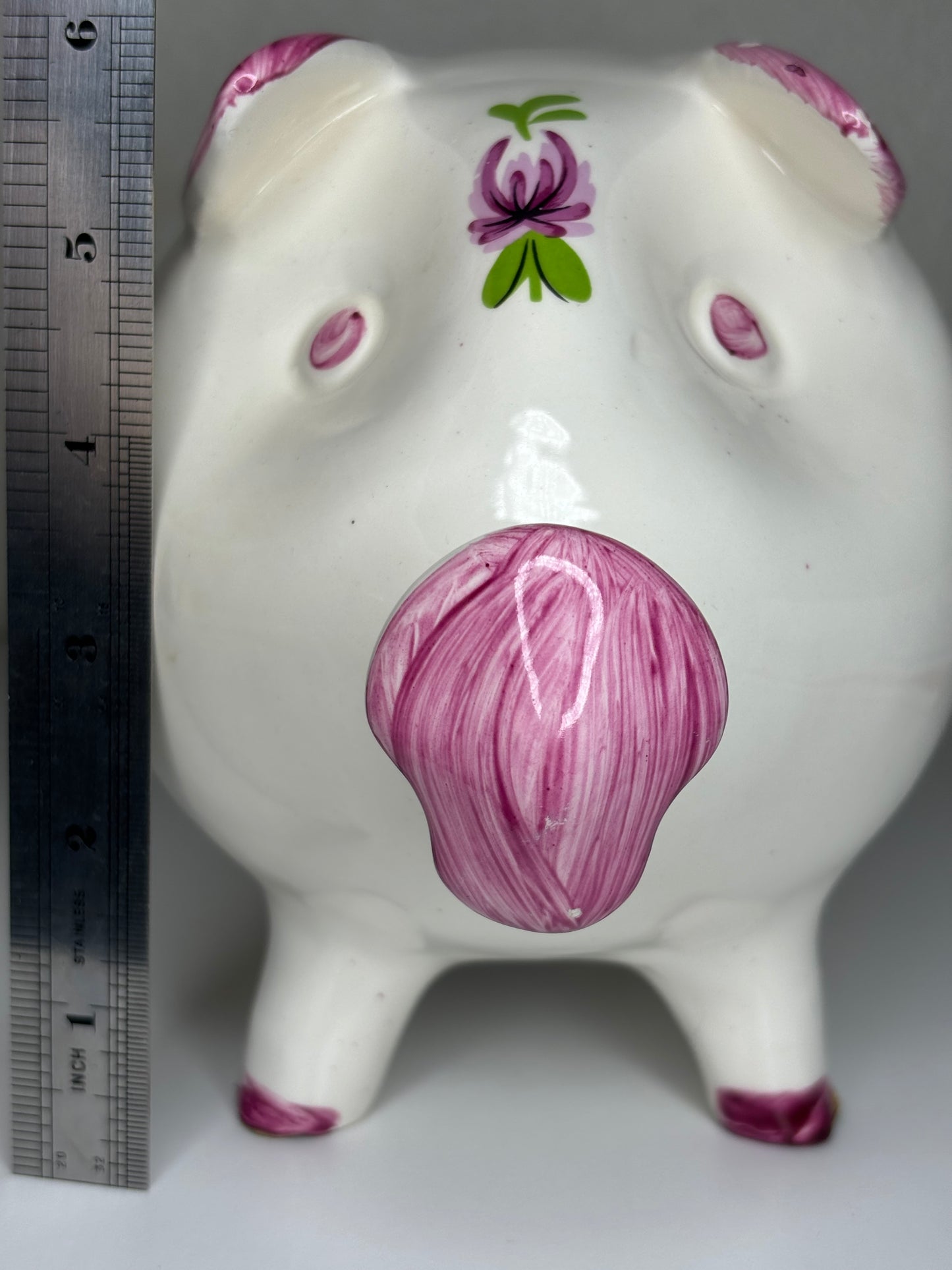 Vintage Ceramic Piggy Bank Hand Painted Pink Flowers