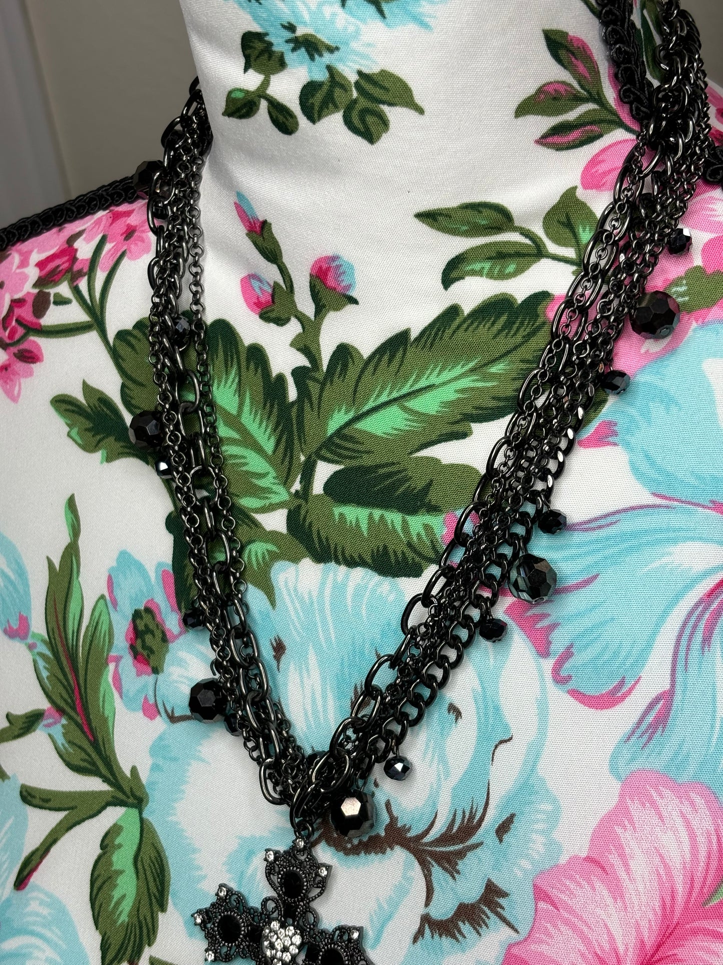 A174 Black Multi Chain and Cross Necklace 18”