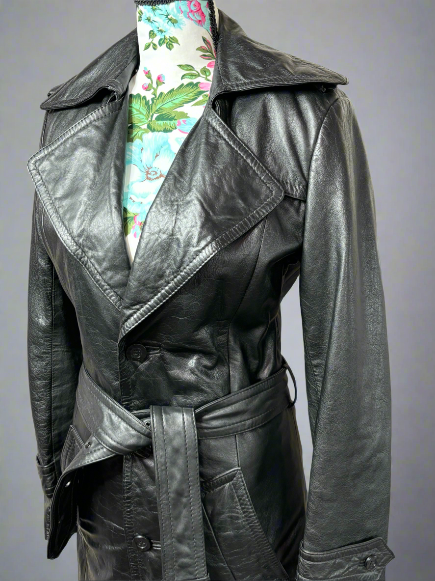 1980s Imperial Black Genuine Leather Trench Coat - Made in Korea, XS