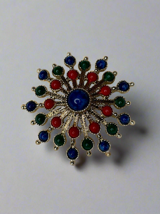 A260 Vintage Sarah Coventry Gold Tone Carnival Brooch 1970s Red Green Blue Stones