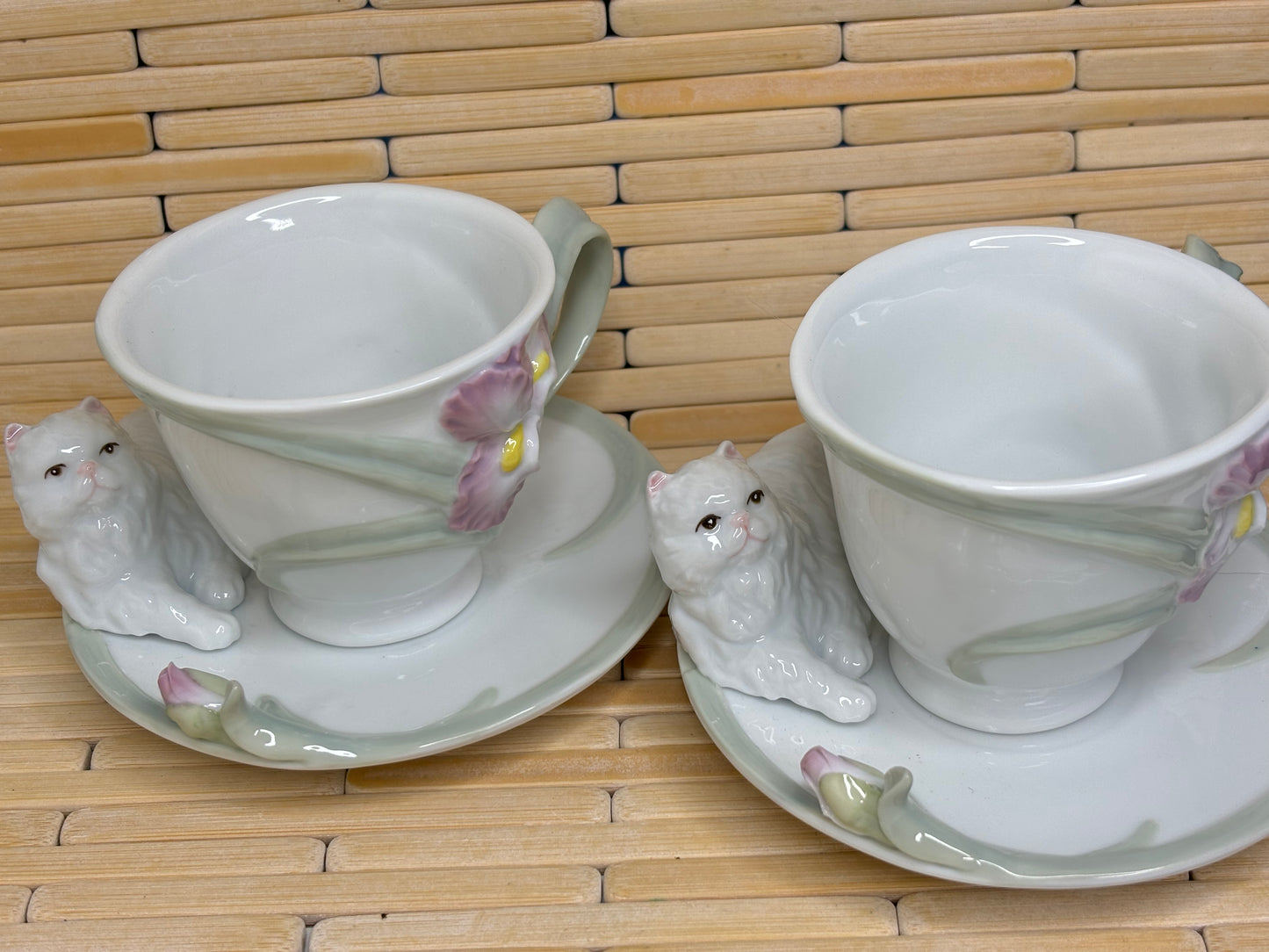 Set of Persian Cat with Iris Flower Tea Cups Ceramic