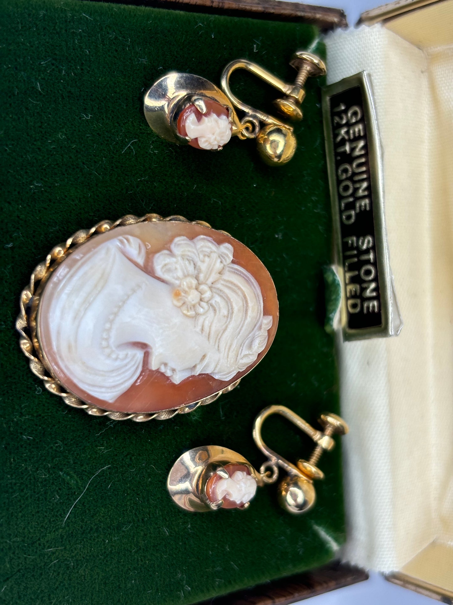 Vintage Tru Kay Genuine Stone & 10k Gold Filled Cameo Brooch and Earrings