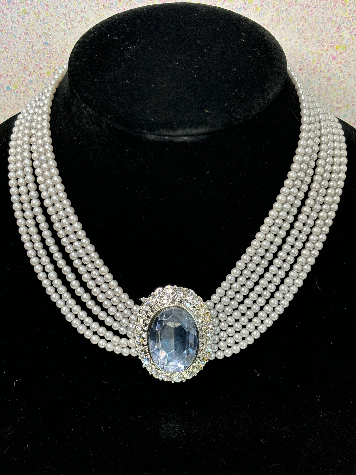 #0006 Stunning Pearl and Large Light Blue Crystal Necklace