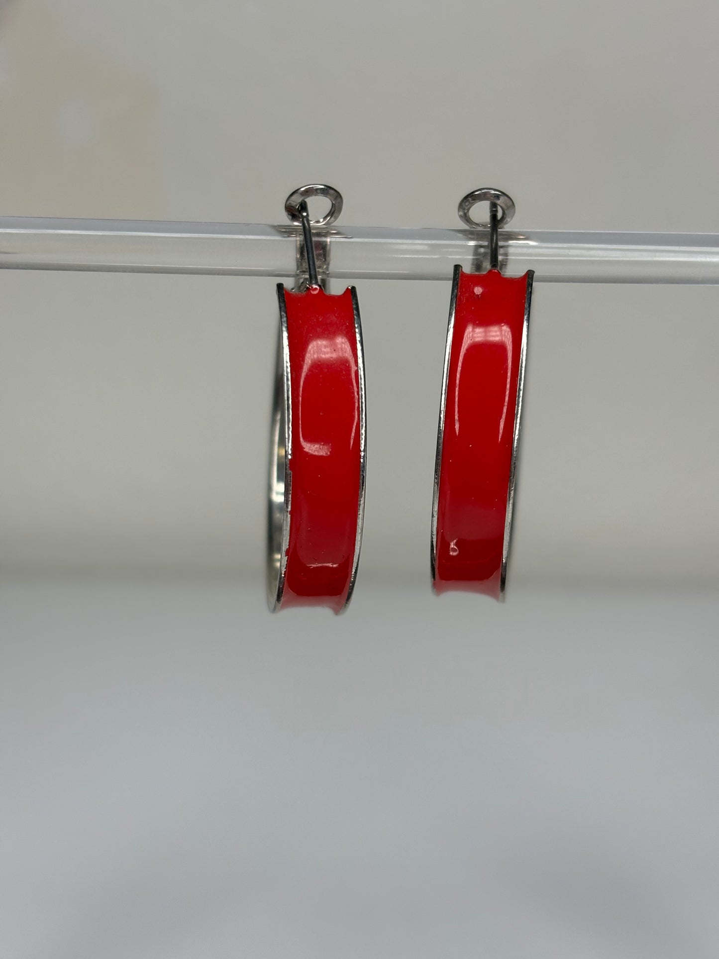 Red 1.5” Hoop Silver Tone Earrings