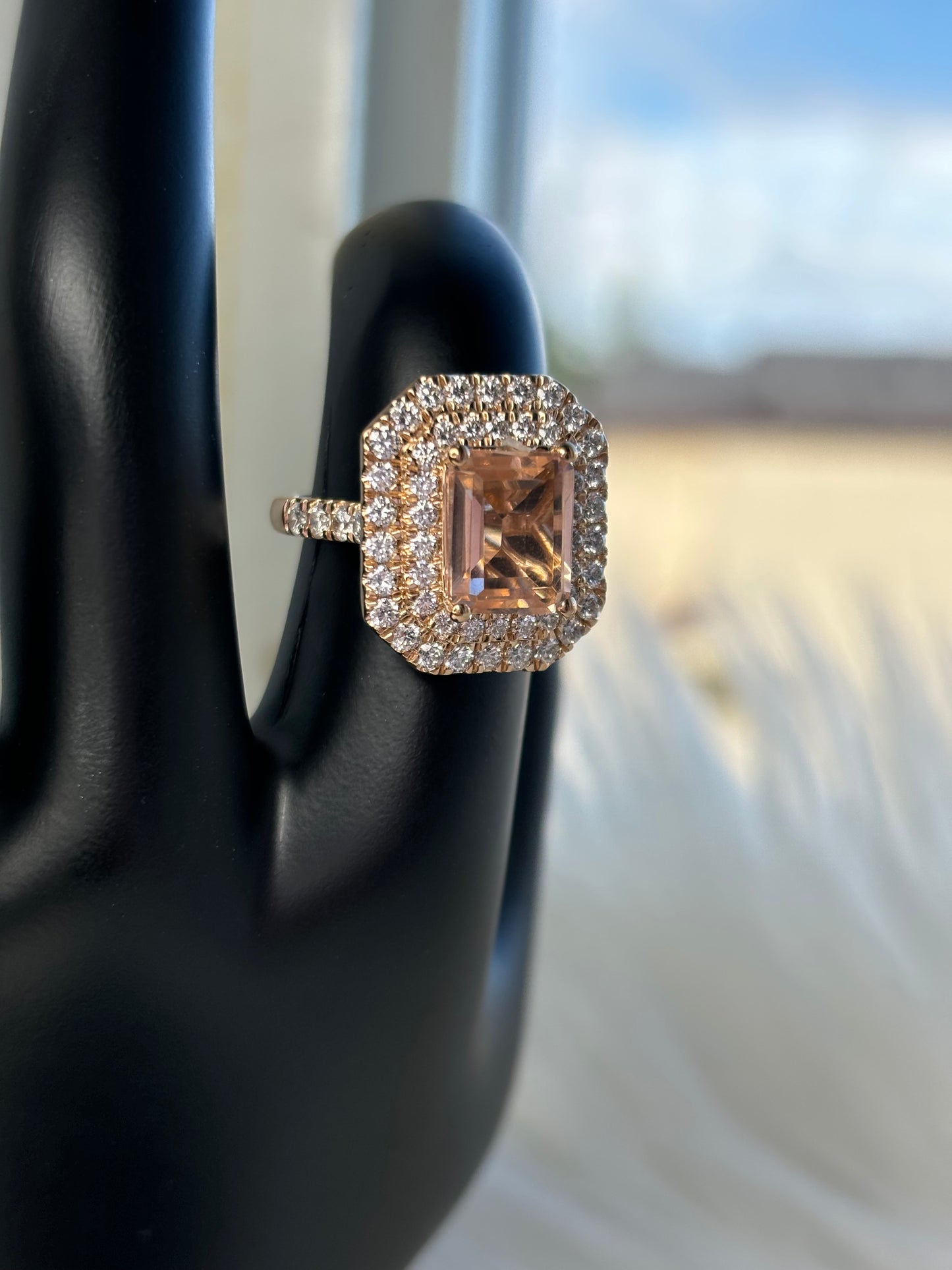 Emerald Cut 4.65 ct Lab Morganite & Diamond Ring Sterling Silver With 14k Rose Gold Overlay Sz 6.75