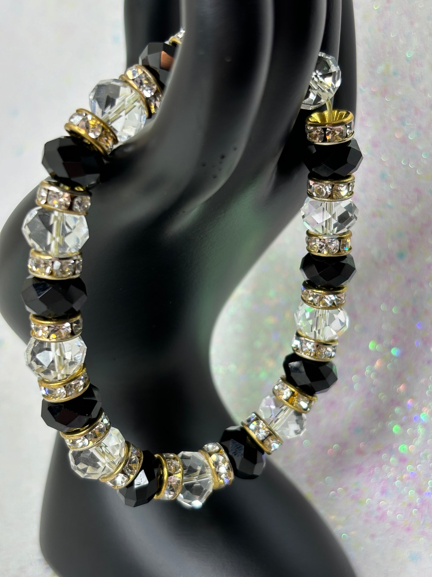 A091 Stretchy Black and Clear Beaded Bracelet