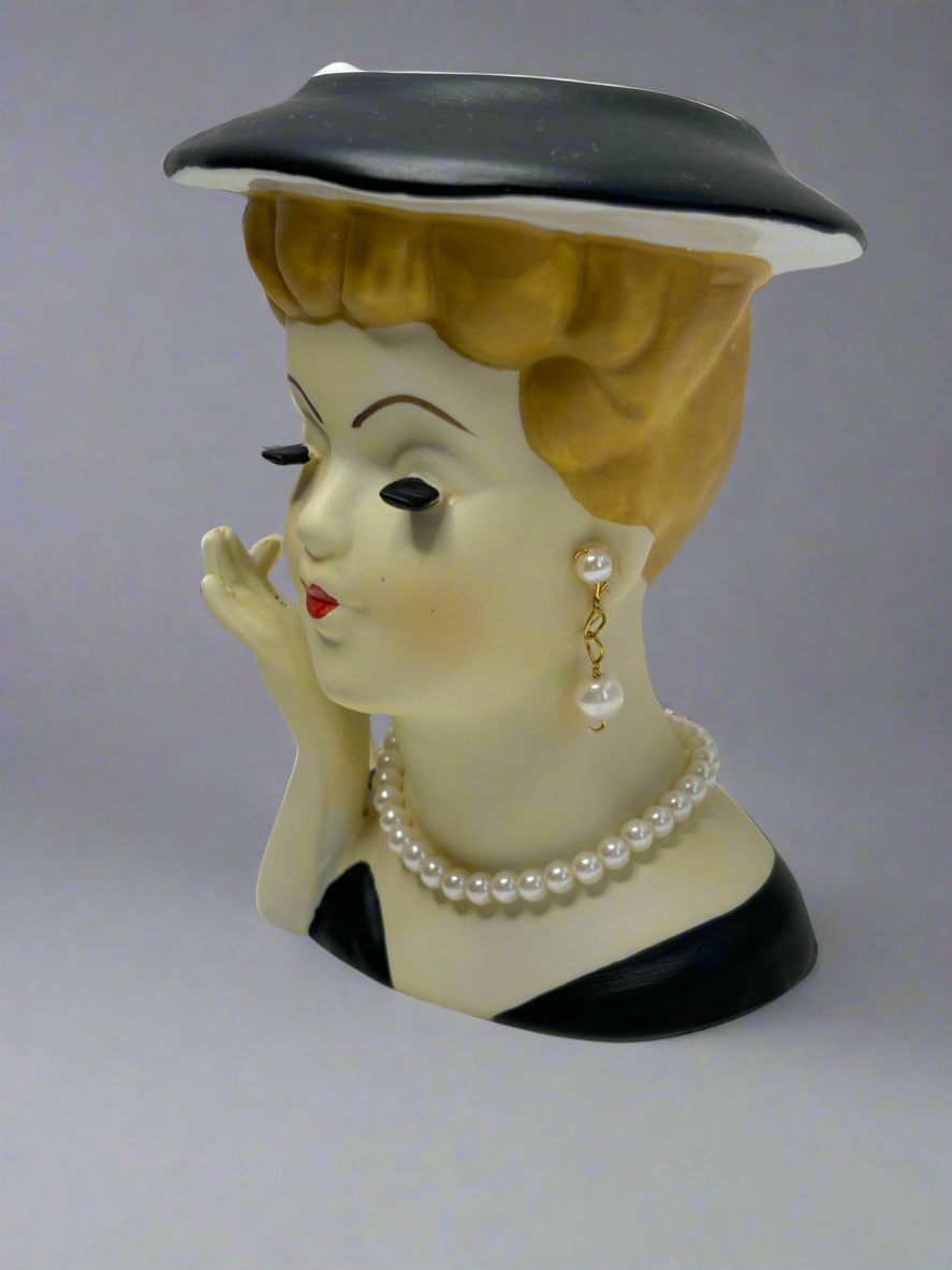 A022 Vintage Napco Lady Head Vase with Hat 1930-1940