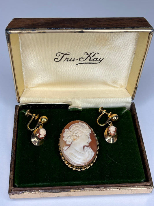 Vintage Tru Kay Genuine Stone & 10k Gold Filled Cameo Brooch and Earrings