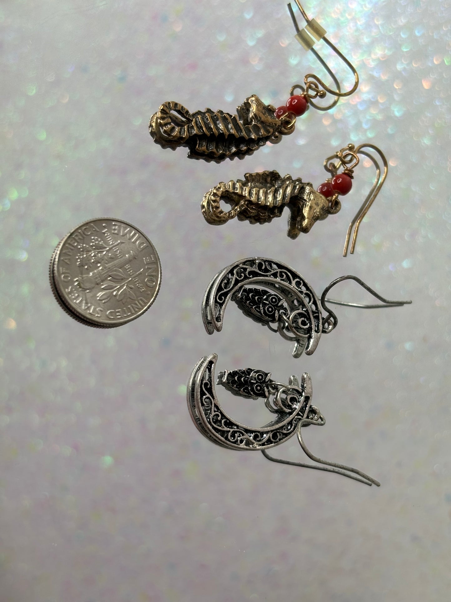 A044 Set of Two Dangle Seahorse and Owl Earrings