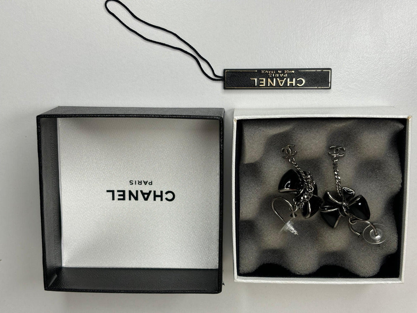 Authentic Chanel Rare Black Bow Earrings -Made in France Original Box and Tag Included