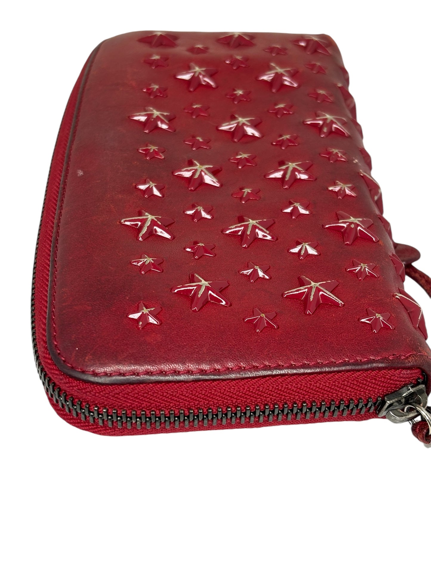 Authentic Jimmy Choo Rebel collection, mid-2010s Red Star-Studded Leather Zip-Around Wallet