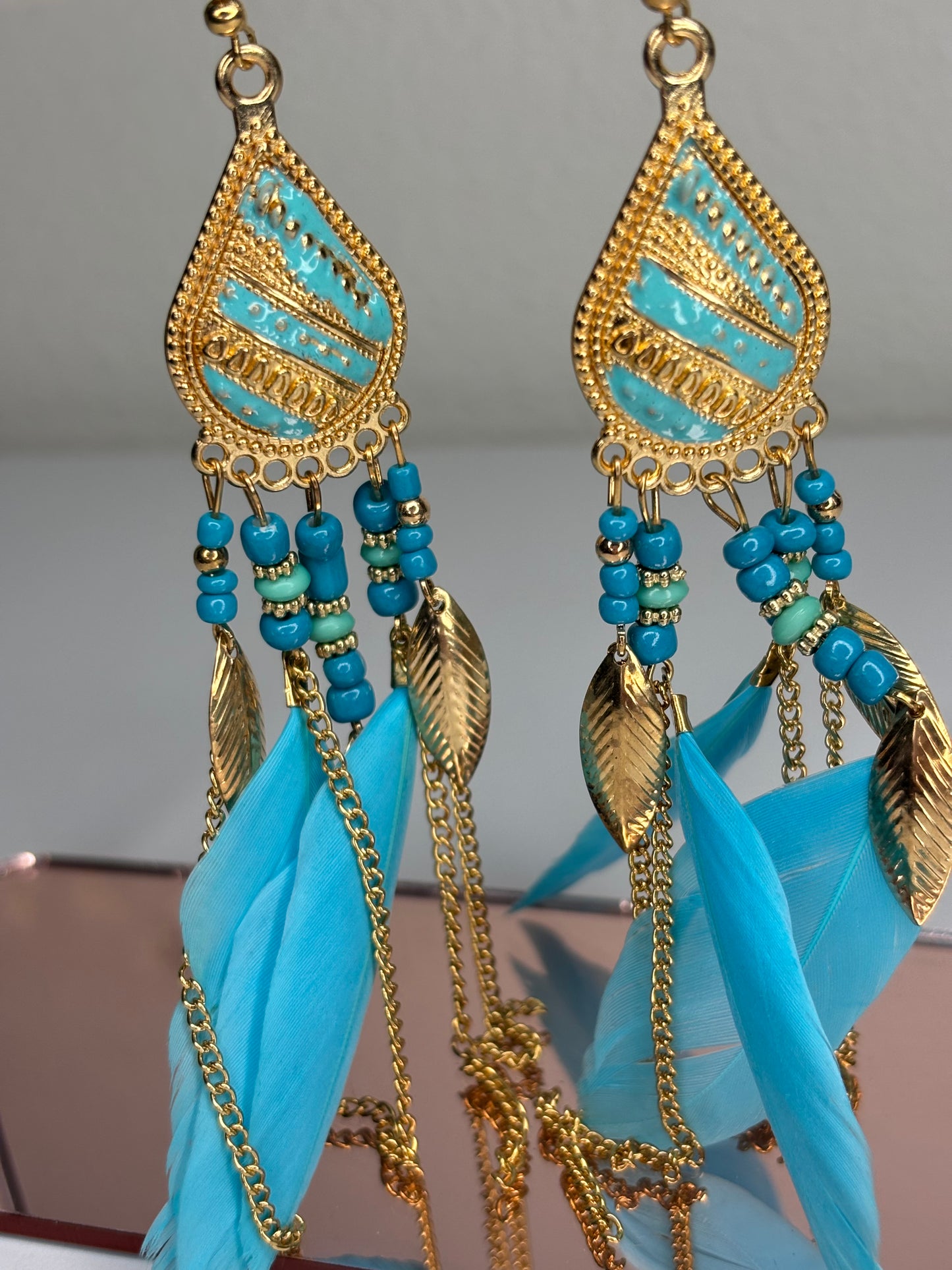 Long 4” Gold Tone and Feather Earrings