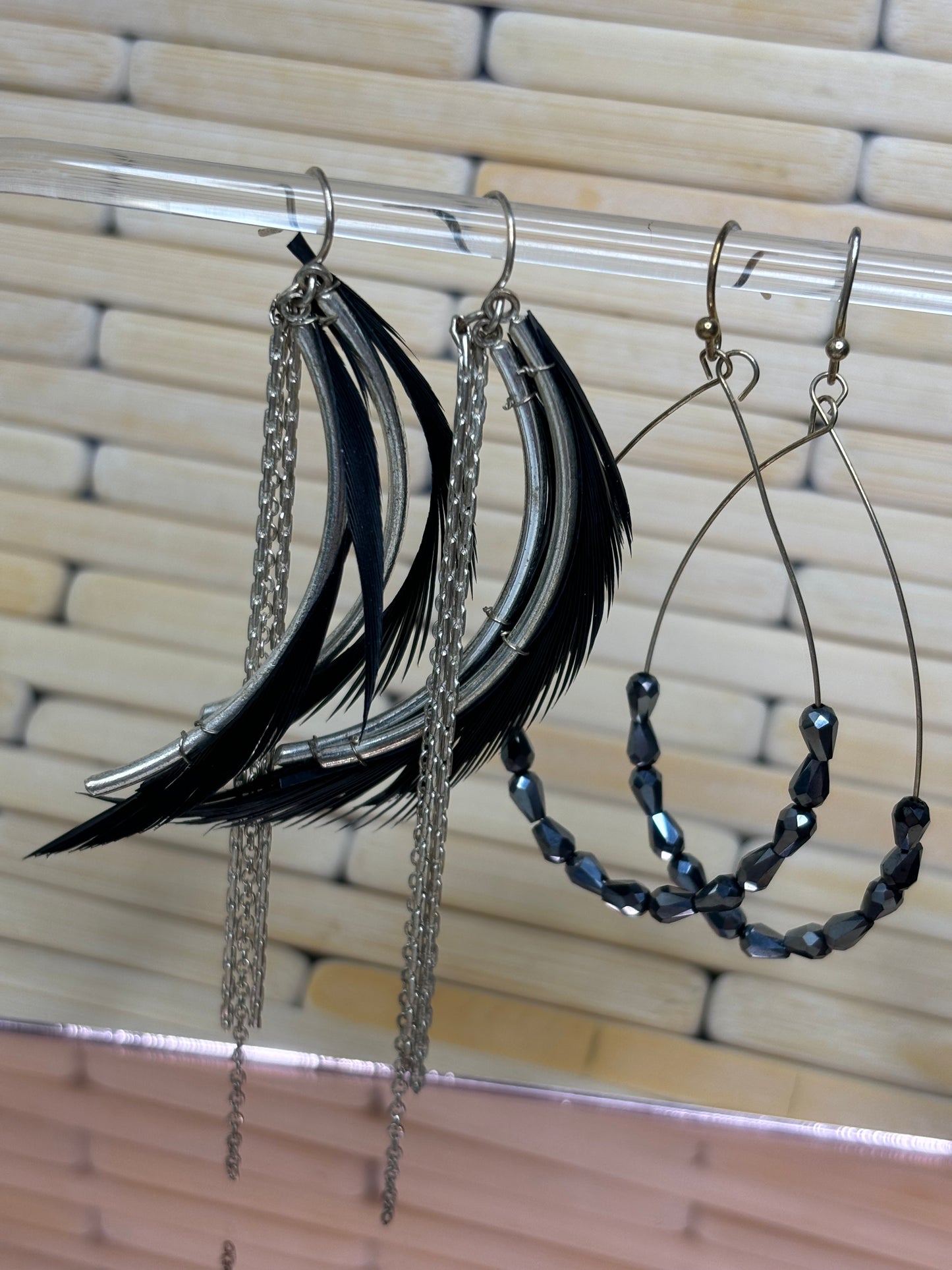 A159 Set of Dangle Black and Silver Tone Earrings