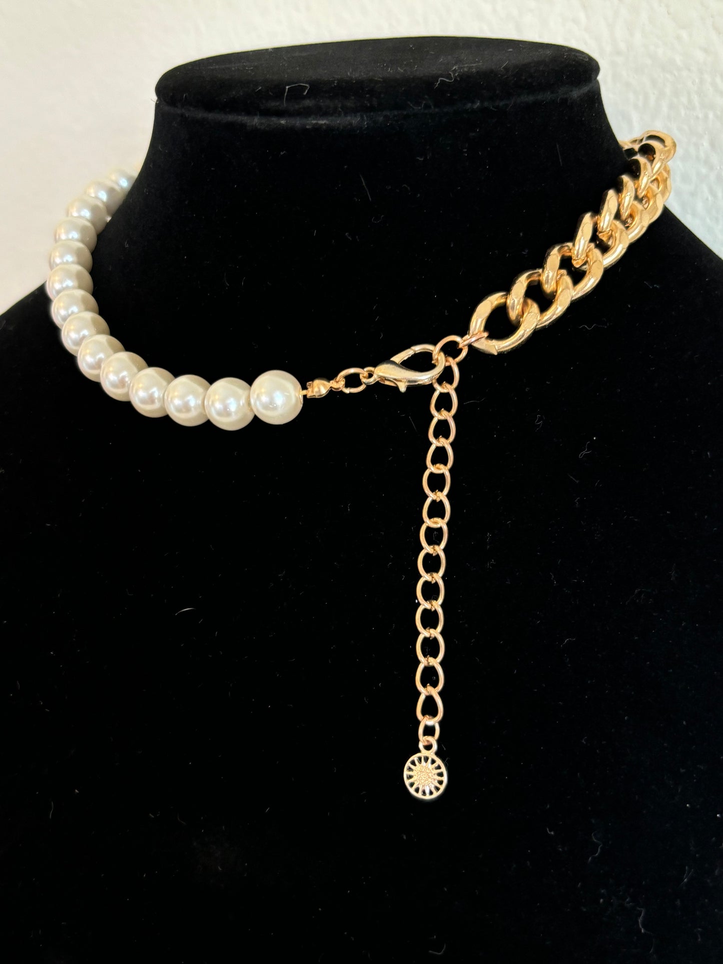 #0012 Gold Toned Chain and Pearl Necklace with Rhinestone Pendant