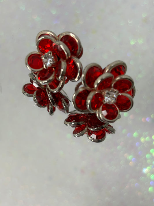 A032 - Red Flower Stud Earrings Silver Tone