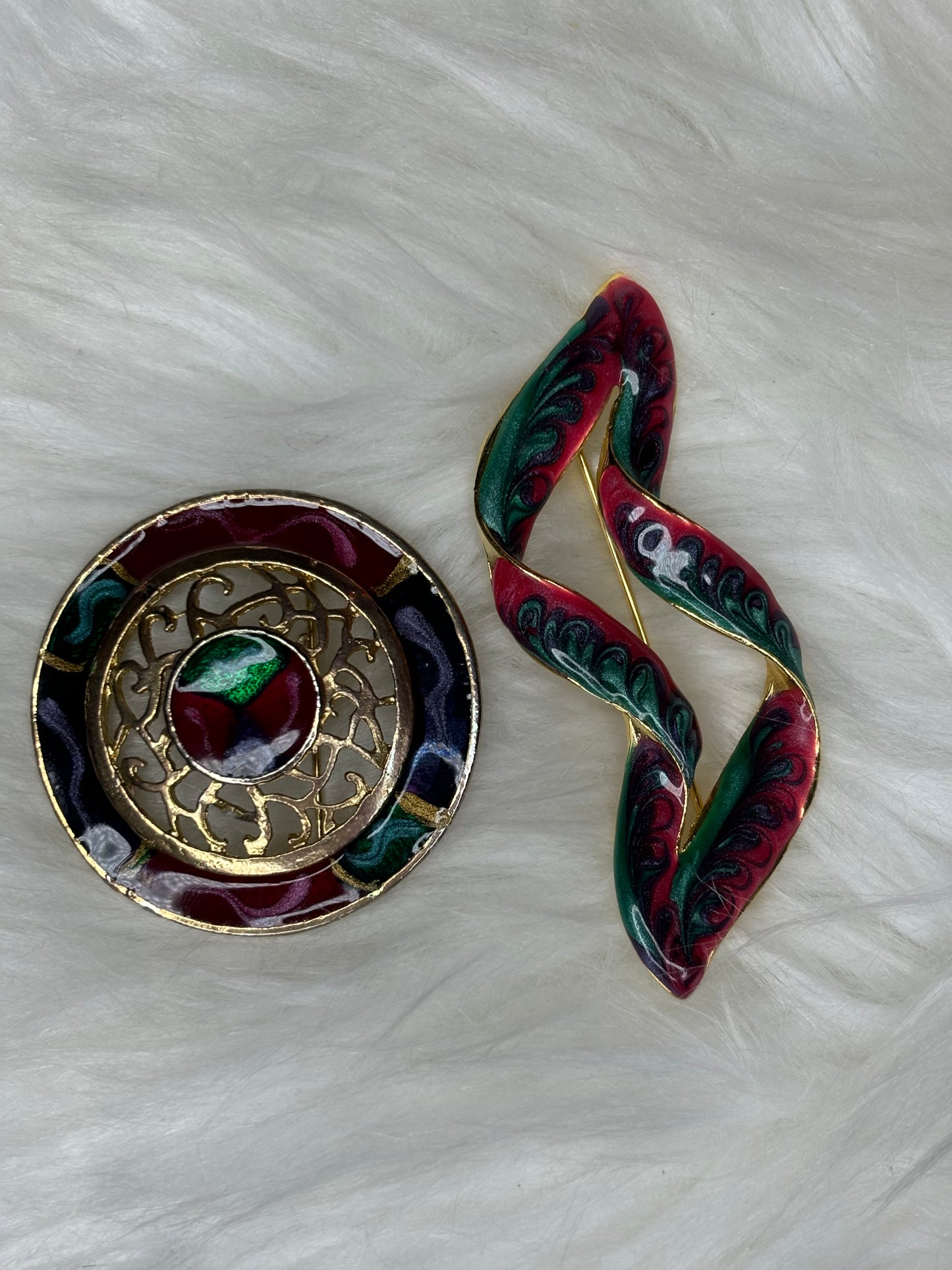 A258 Set of Vintage Enamel Twisted Ribbon Style & Circle Art Brooches Gold Tone