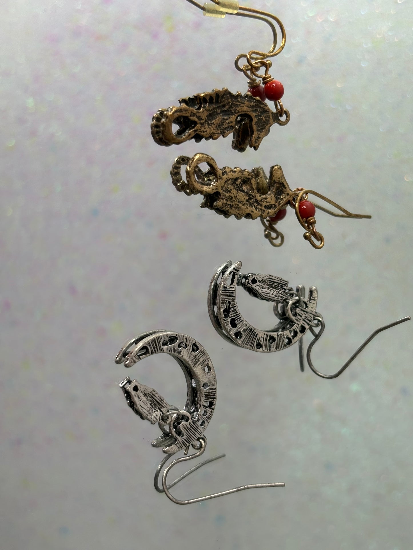 A044 Set of Two Dangle Seahorse and Owl Earrings