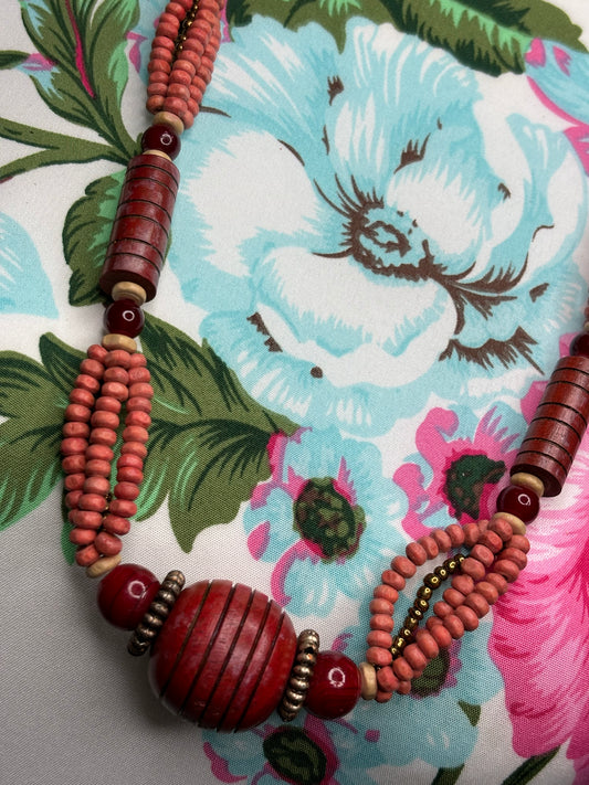 A184 Red Wood Beads Necklace 28”