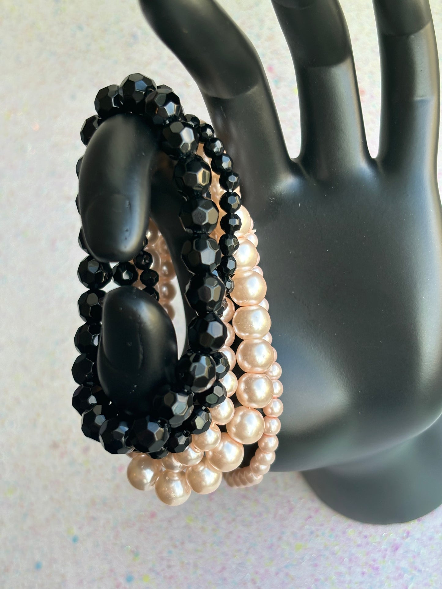 #0072 Stack of Black & Pink Pearls/Beads