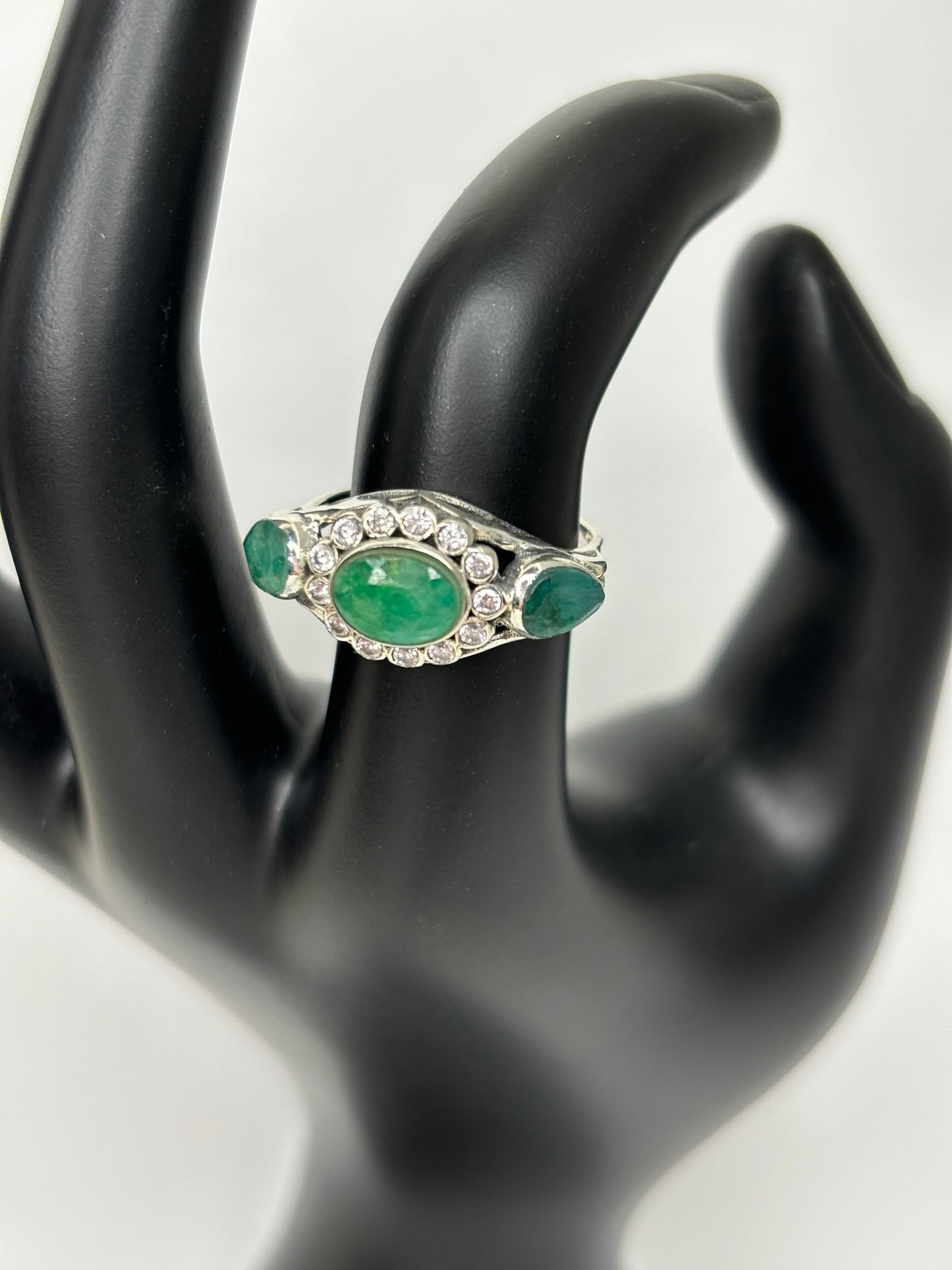 Sterling Silver 1.55 ct Natural Emerald Past Present Future Ring Sz 6.75