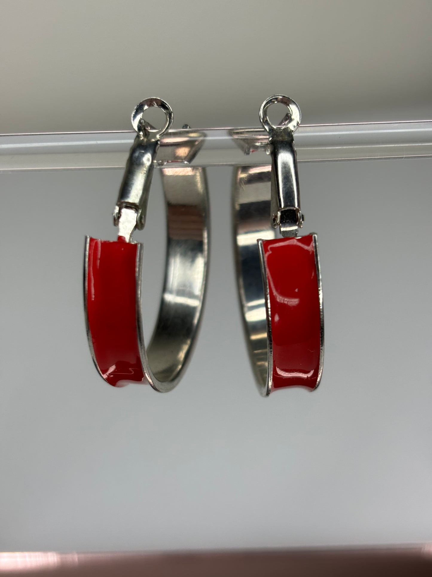 Red 1.5” Hoop Silver Tone Earrings