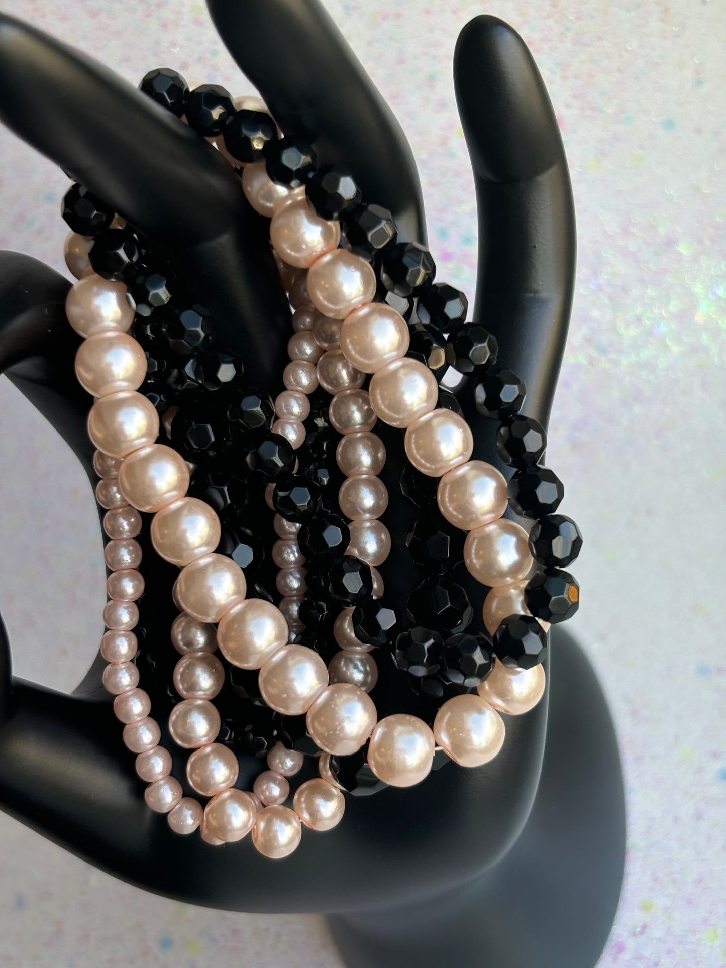 #0072 Stack of Black & Pink Pearls/Beads