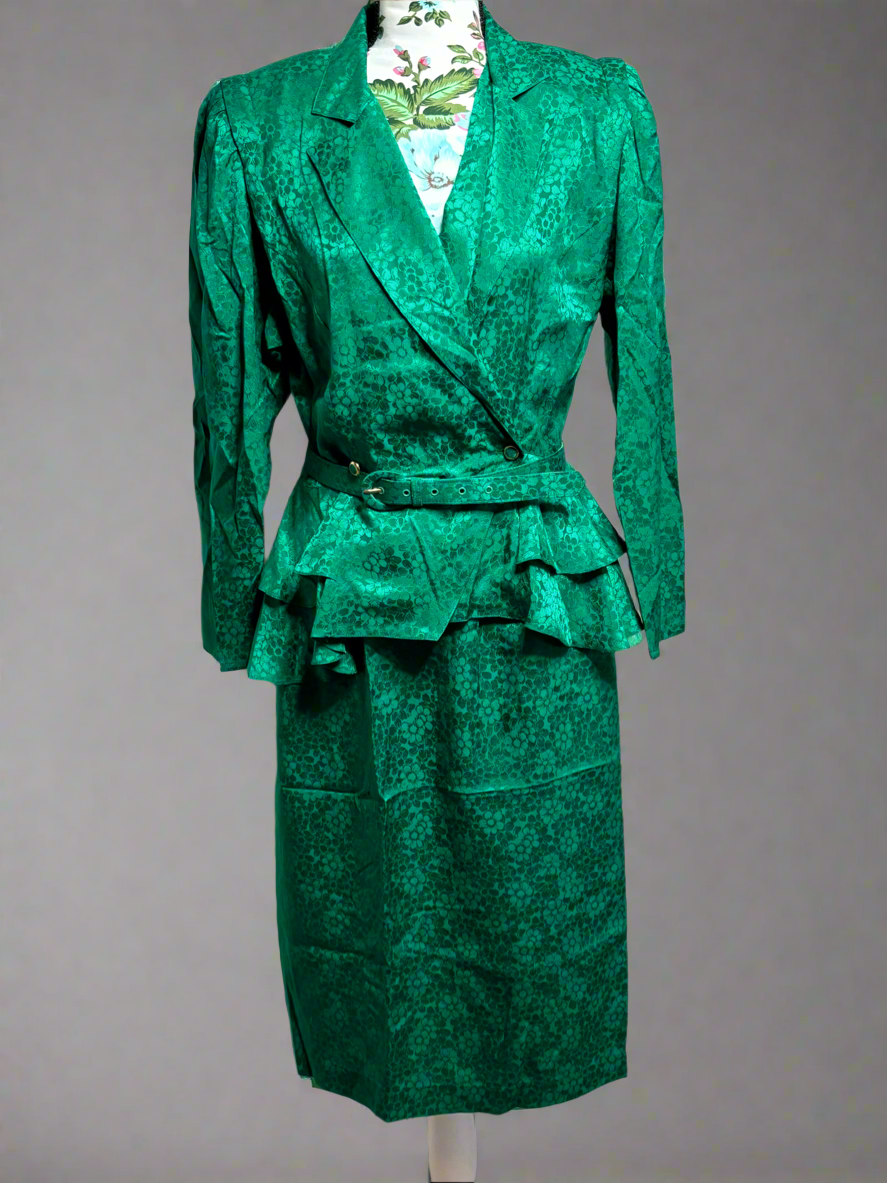 C008 80's Vintage 3pc Bright Green Silk Skirt Suit with Matching Belt by Argenti Size 12