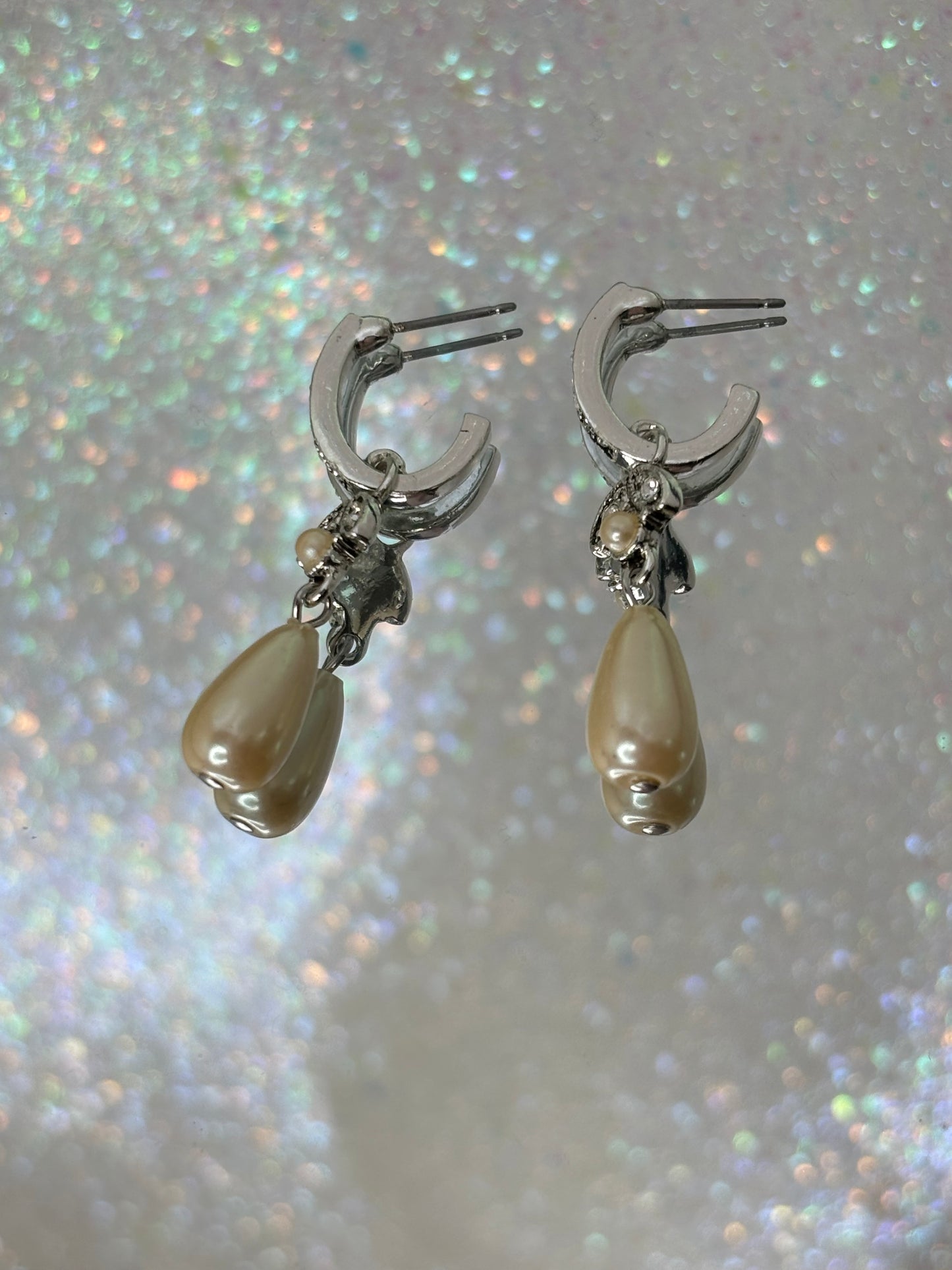 A009 Pearl Drop Silver Toned Earrings 2”