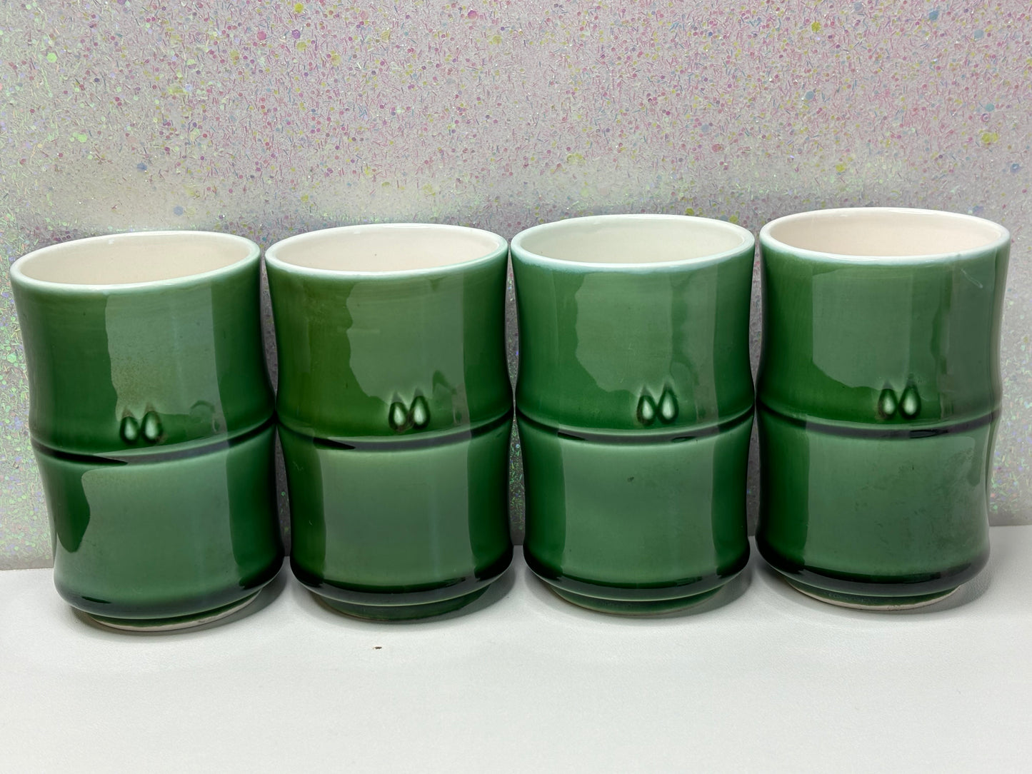 A015 Set of Four Japanese Ceramic Yunomi Teacup Vintage Pottery Bamboo Green