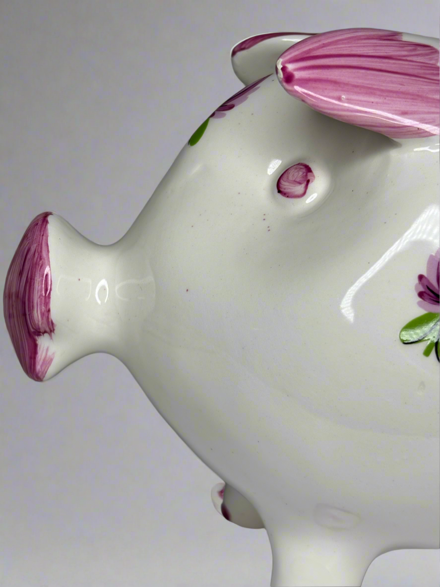 Vintage Ceramic Piggy Bank Hand Painted Pink Flowers