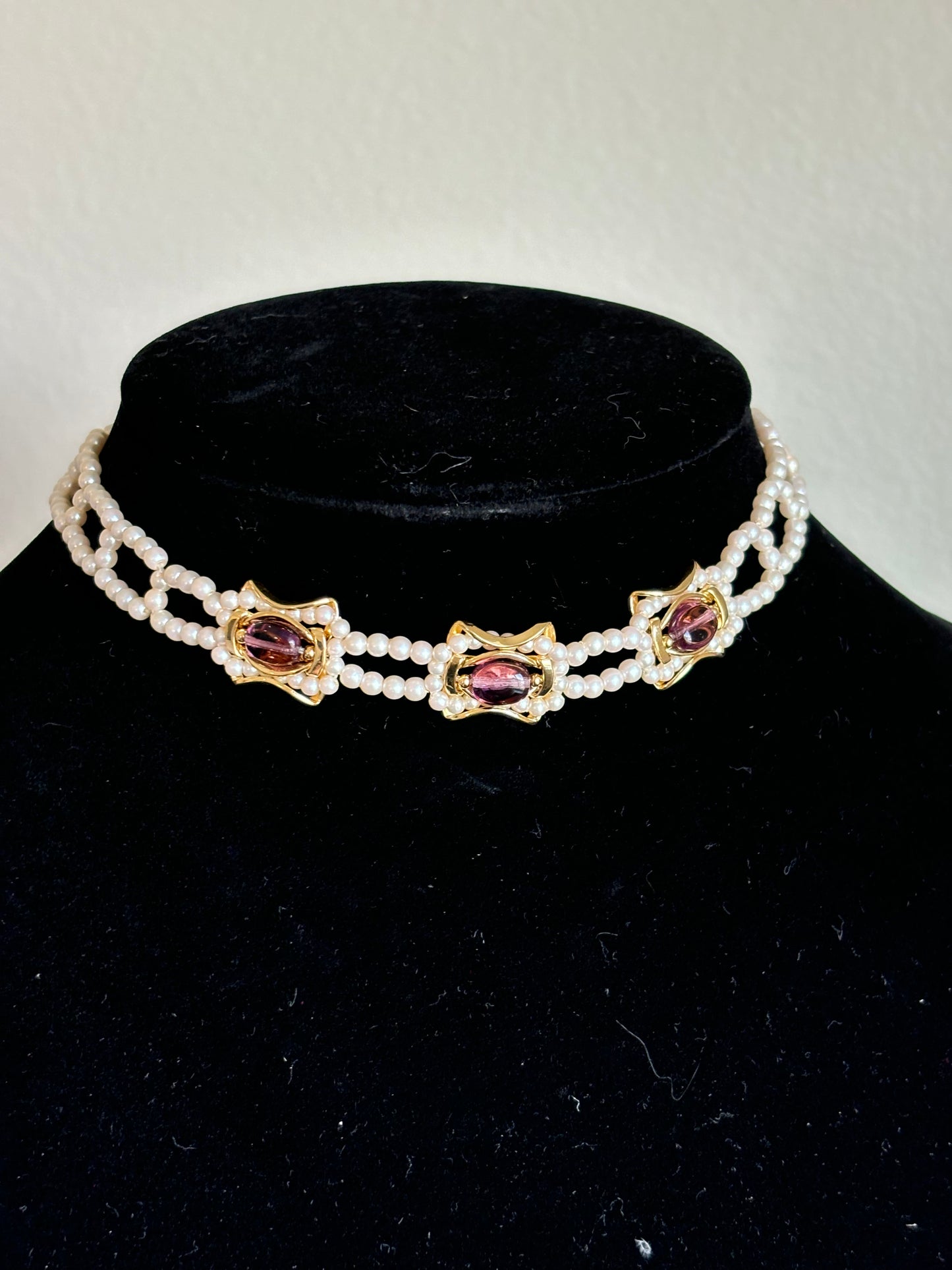 #0013 Gold Toned and Pearl Choker with Purple Glass Beads