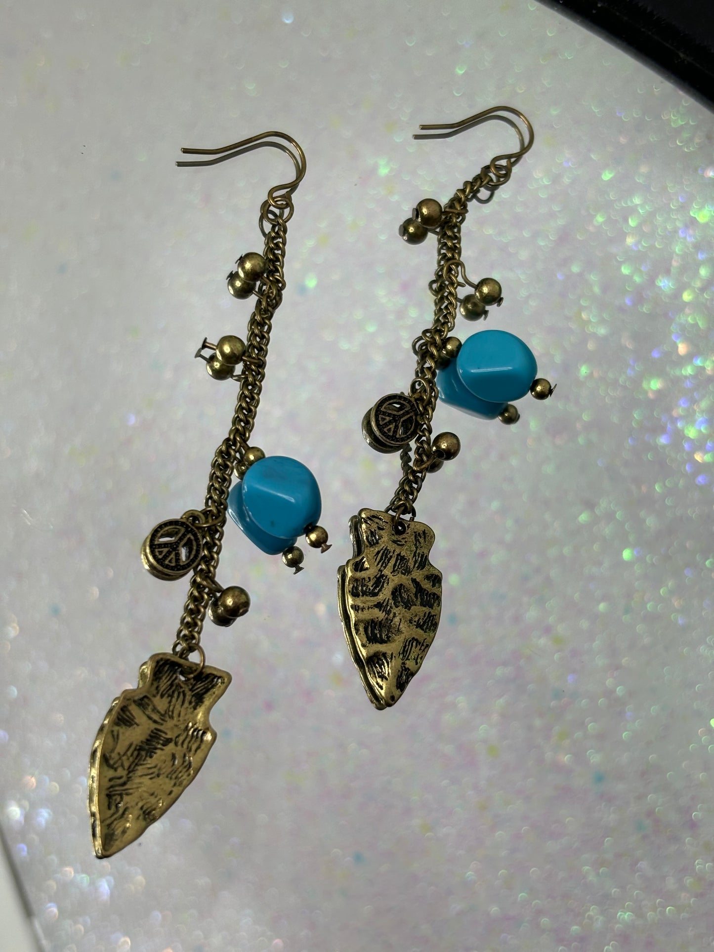 A051 Gold Tone Turquoise and Feather Earrings