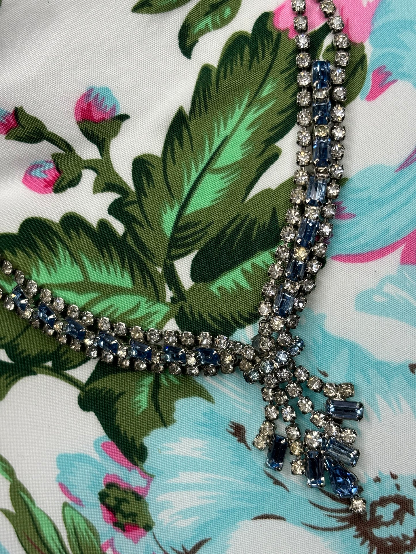 B011 Vintage Blue and Clear Rhinestone Necklace 16”