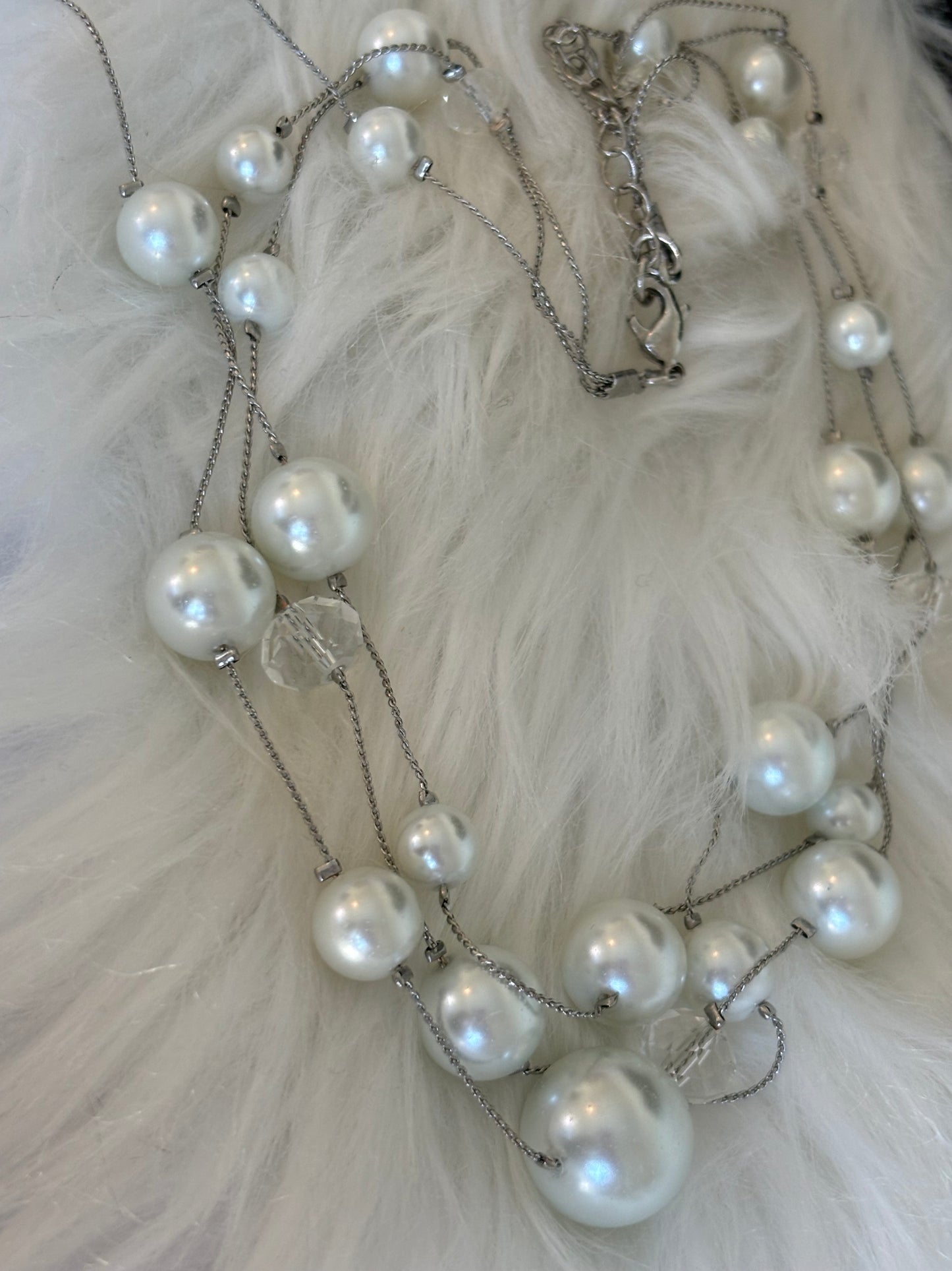 #0092 Silver Toned Pearl and Beaded Multi-Layered Necklace