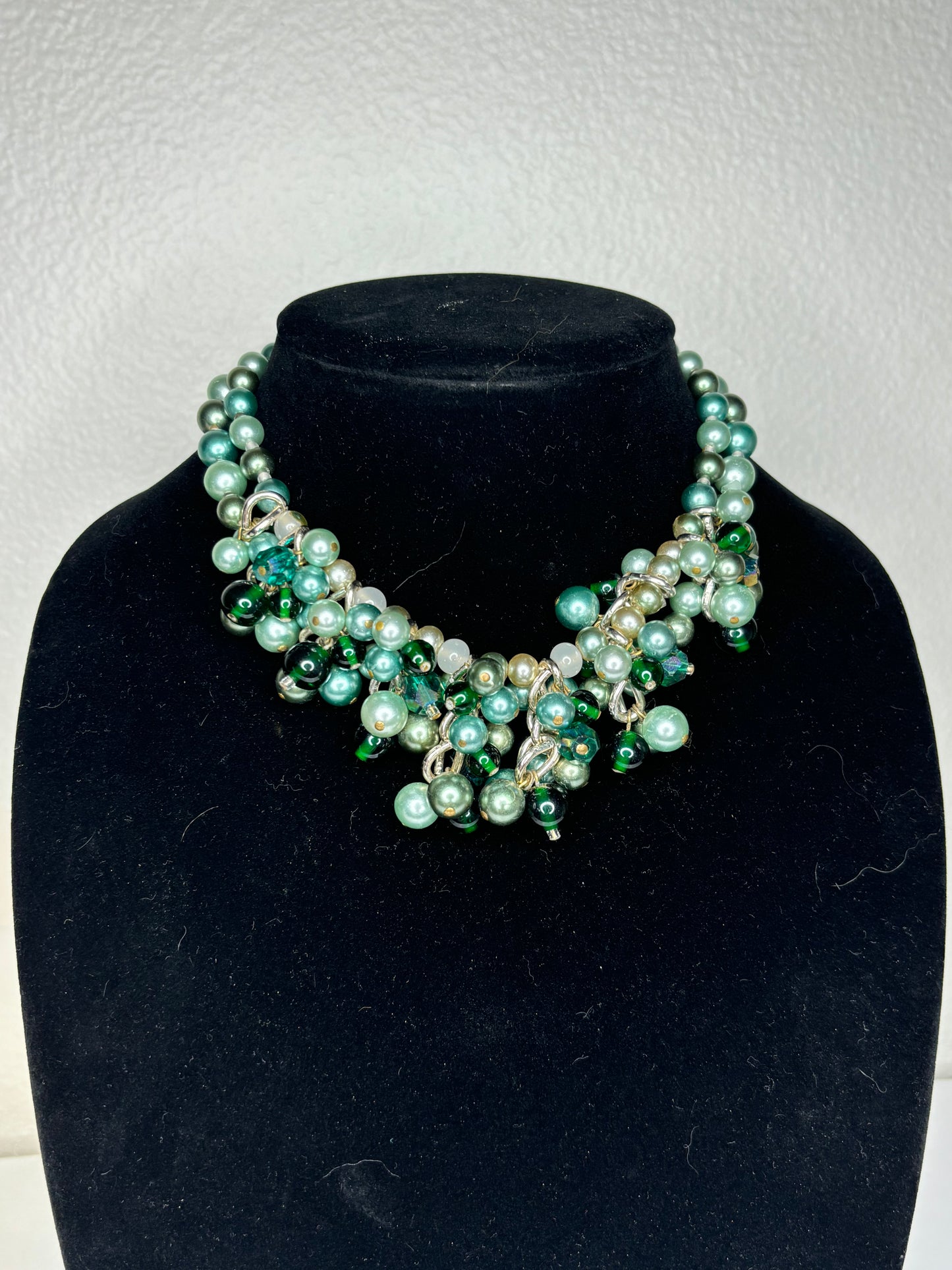 Vintage “Japan” Stamped Green Faux Pearl Chunky Necklace