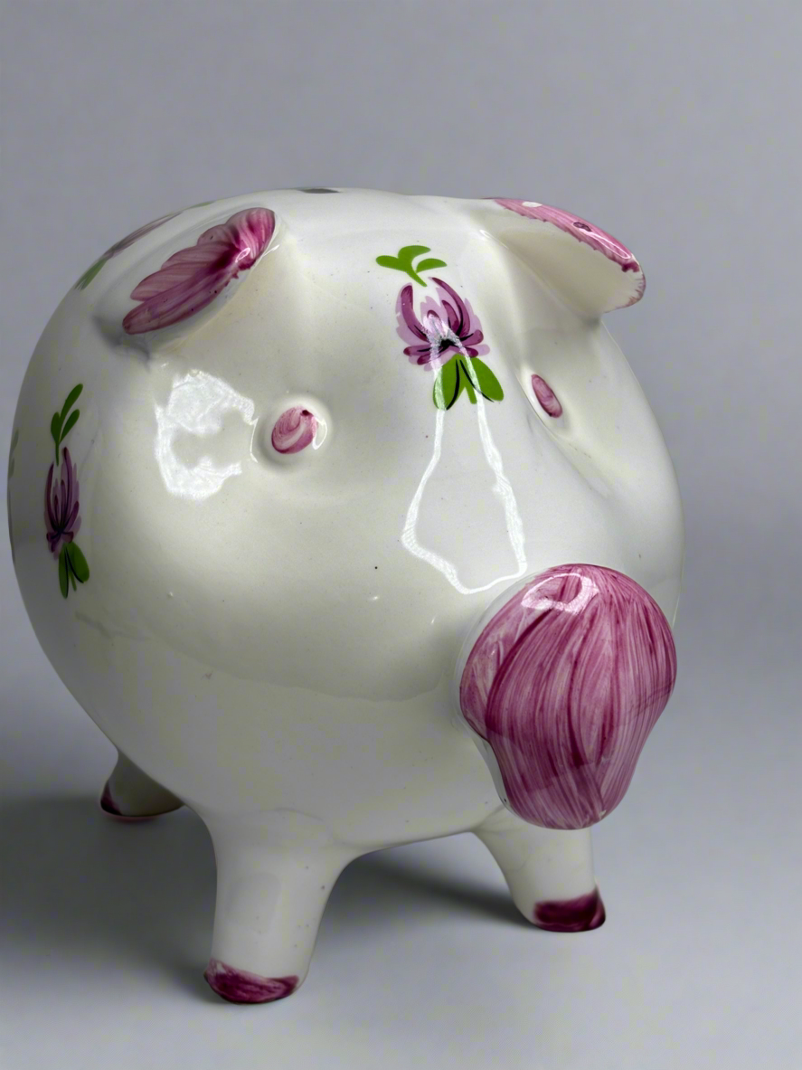 Vintage Ceramic Piggy Bank Hand Painted Pink Flowers