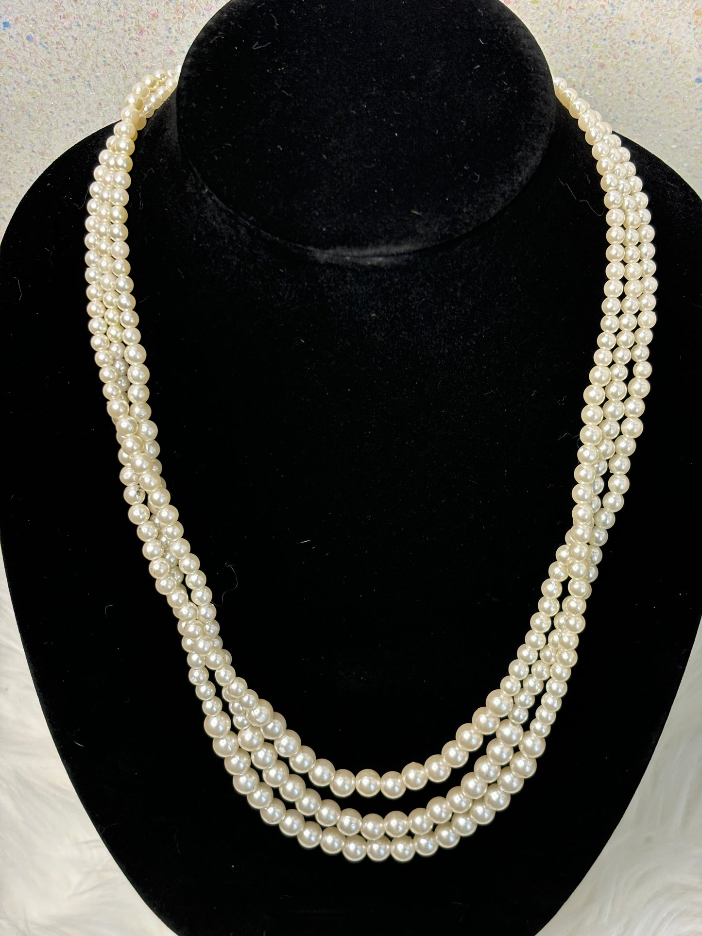 #0104 Three Strand Faux Pearl Necklace Light weight