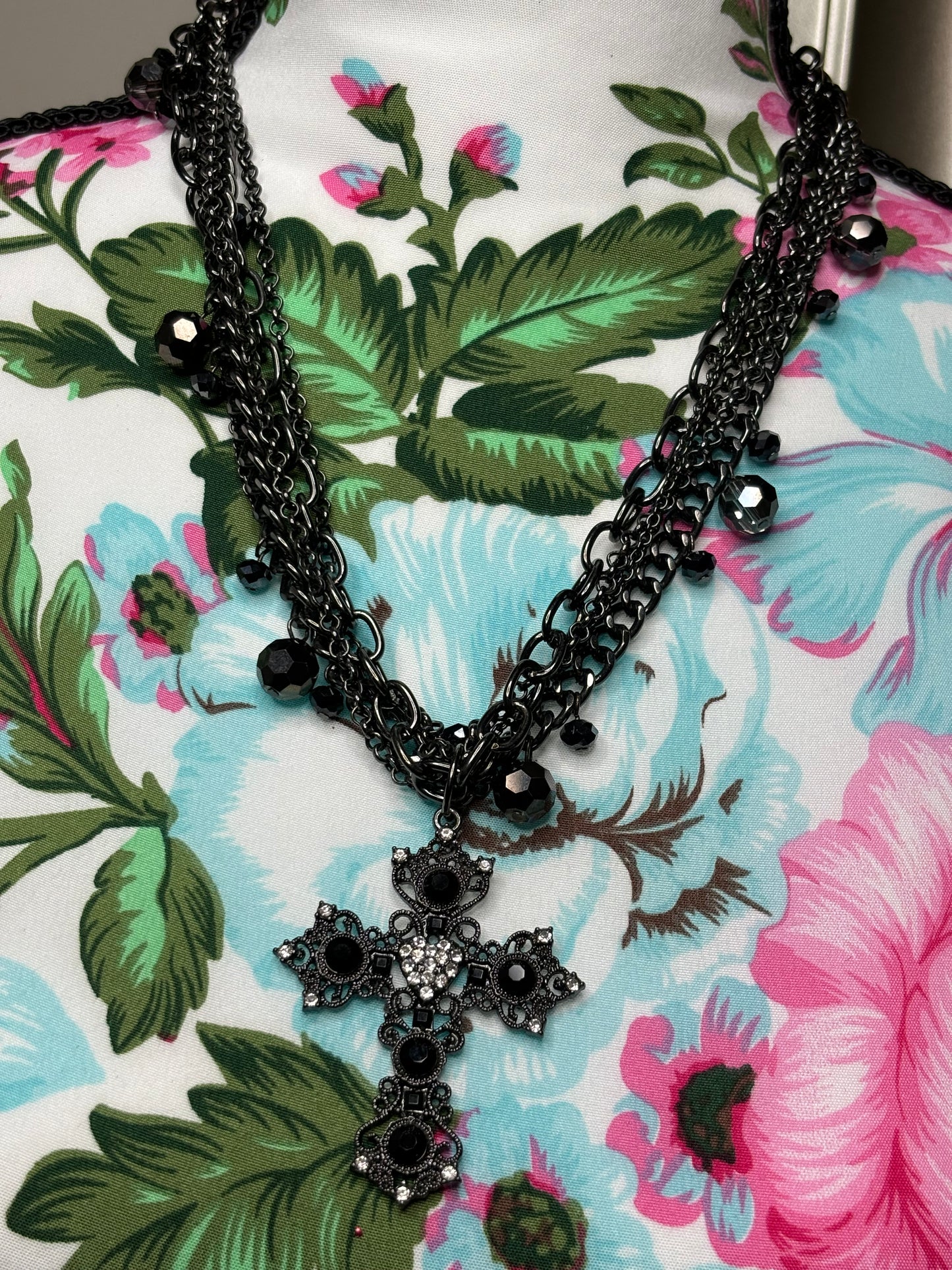 A174 Black Multi Chain and Cross Necklace 18”