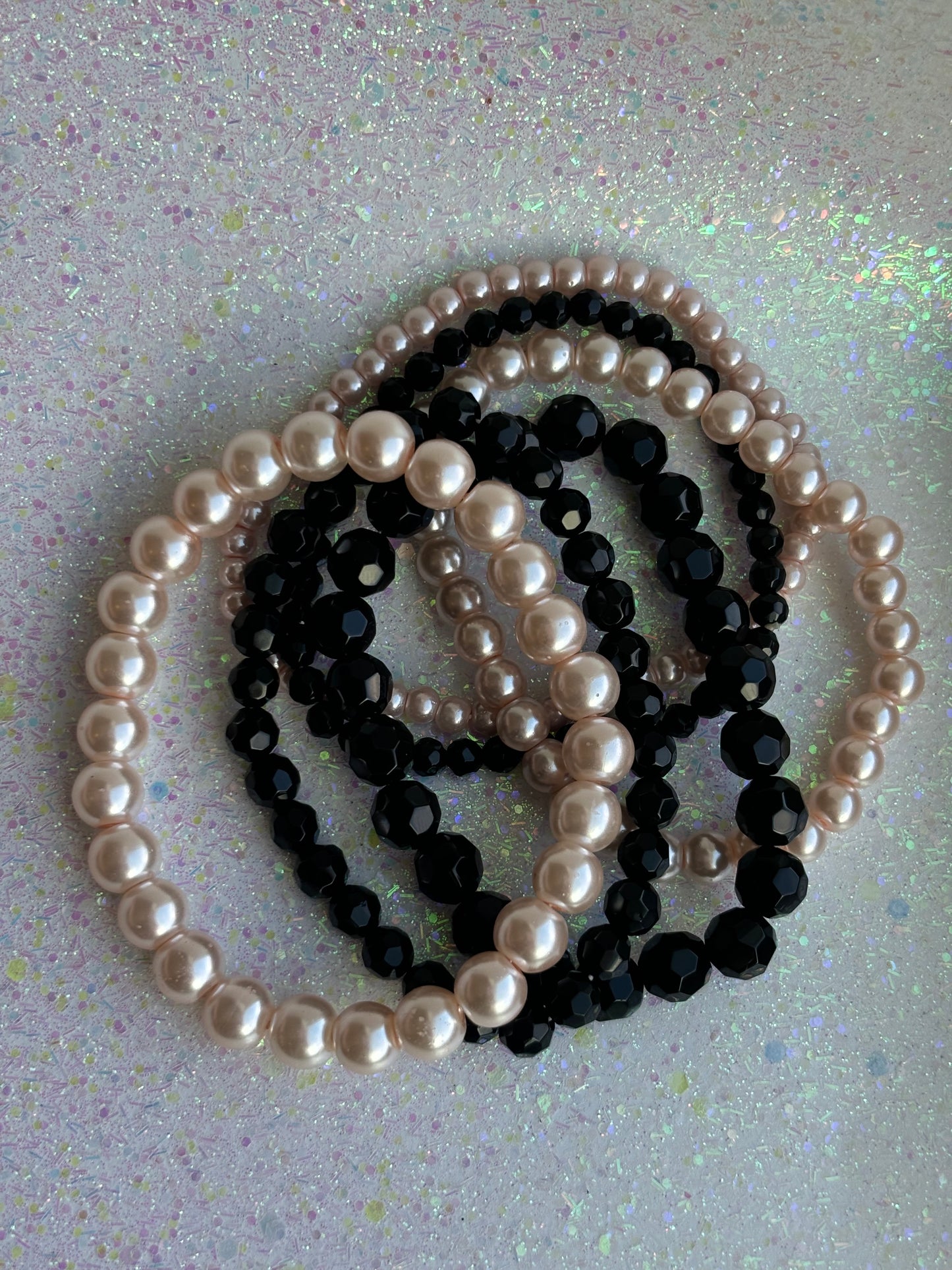 #0072 Stack of Black & Pink Pearls/Beads