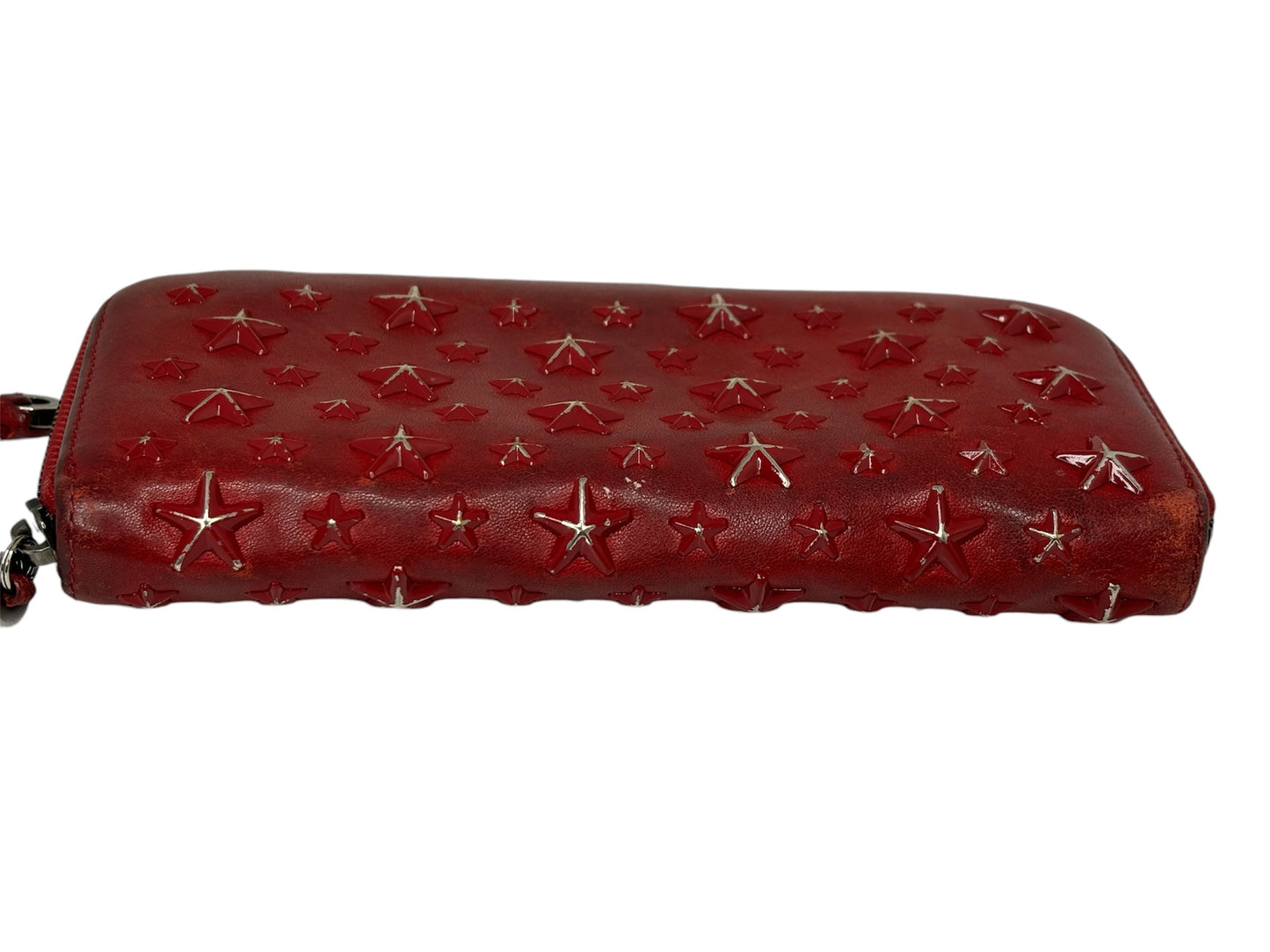 Authentic Jimmy Choo Rebel collection, mid-2010s Red Star-Studded Leather Zip-Around Wallet